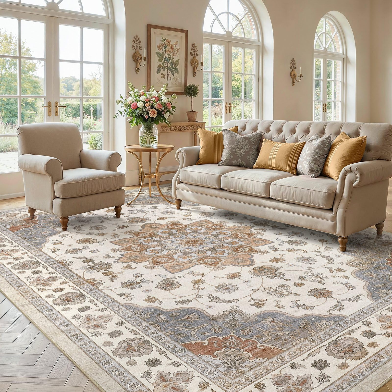 WITSHOCK 10x14 Area Rugs Living Room: Washable Large Neutral Vintage Soft Rug Stain Resistant Non-Slip Farmhouse Indoor Low Pile Floor Carpet for Bedroom Nursery Kids Office- Light Blue