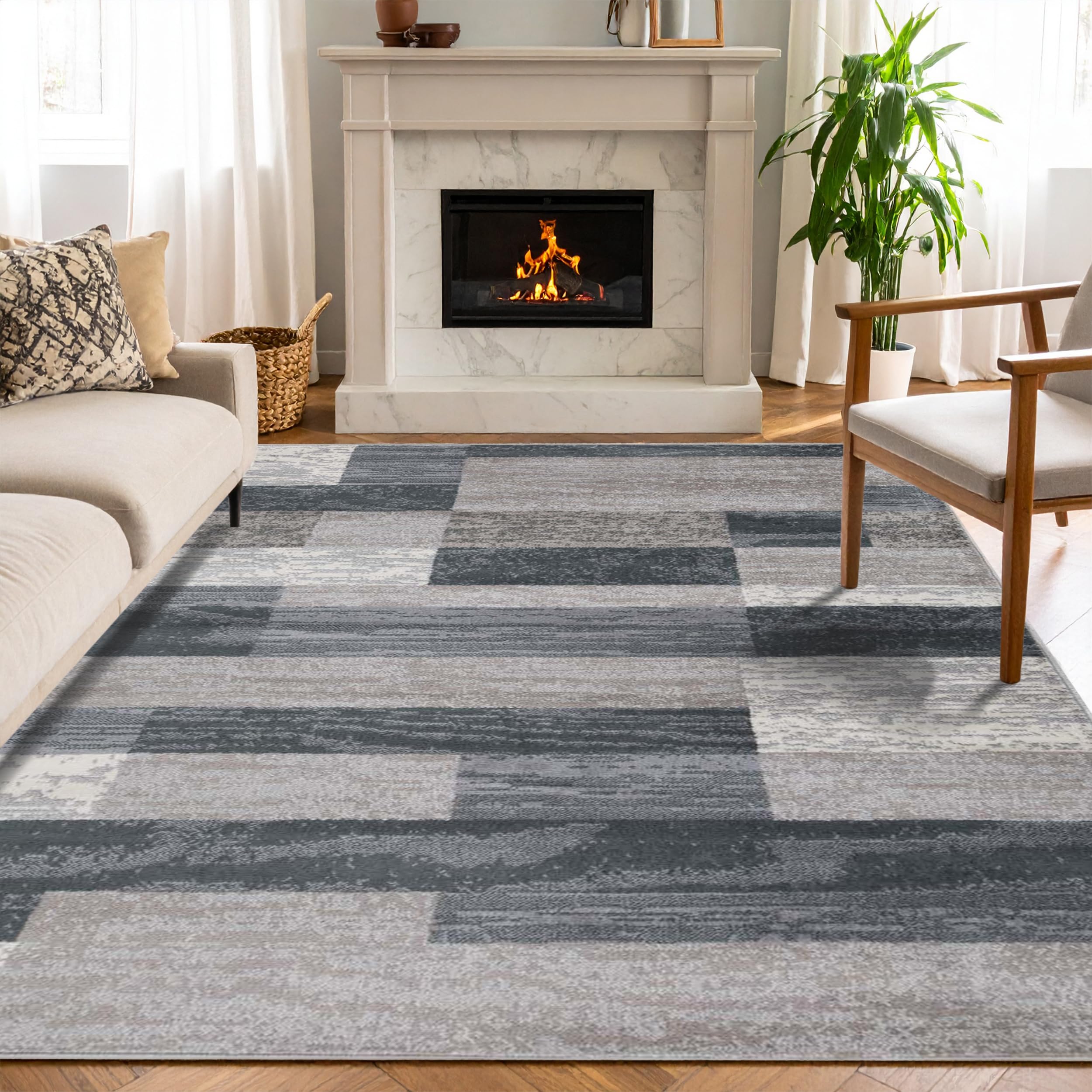 SUPERIOR Indoor Area Rug, Jute Backed, Modern Geometric Patchwork Floor Decor for Bedroom, Office, Living Room, Entryway, Hardwood Floors, Rockwood Collection, 4' x 6', Chocolate