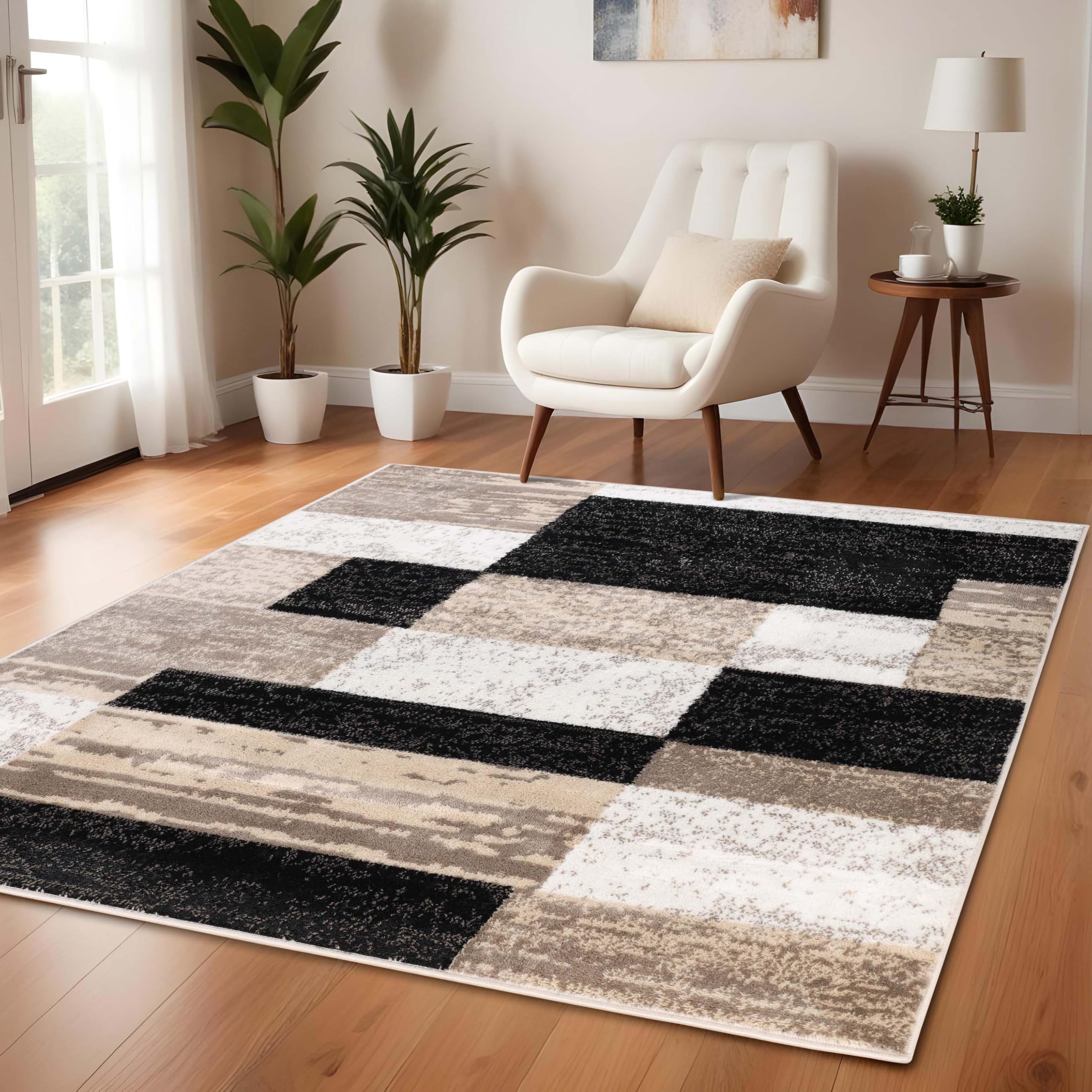 SUPERIOR Indoor Area Rug, Jute Backed, Modern Geometric Patchwork Floor Decor for Bedroom, Office, Living Room, Entryway, Hardwood Floors, Rockwood Collection, 4' x 6', Chocolate