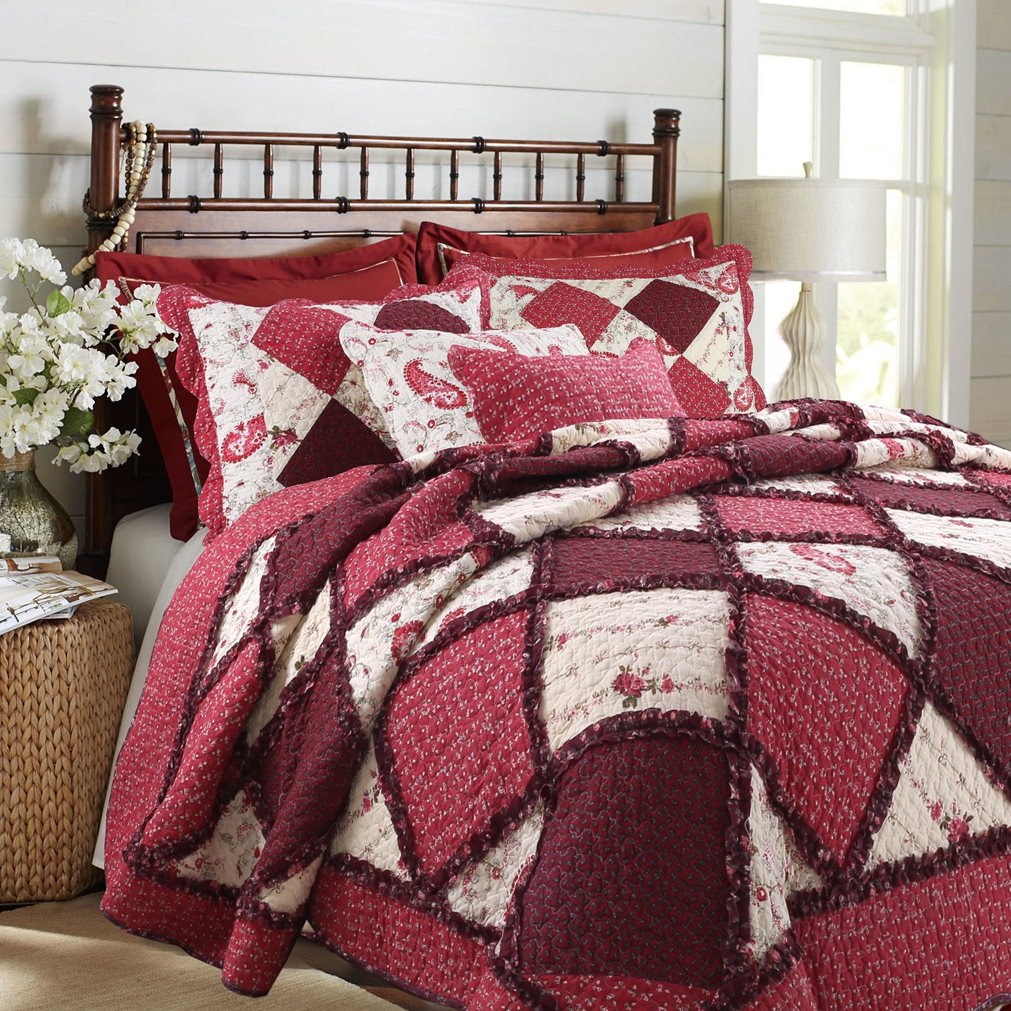 Khaki Red Farmhouse Patchwork Quilt Set, Queen Size 3-Piece Reversible Cotton Bedding