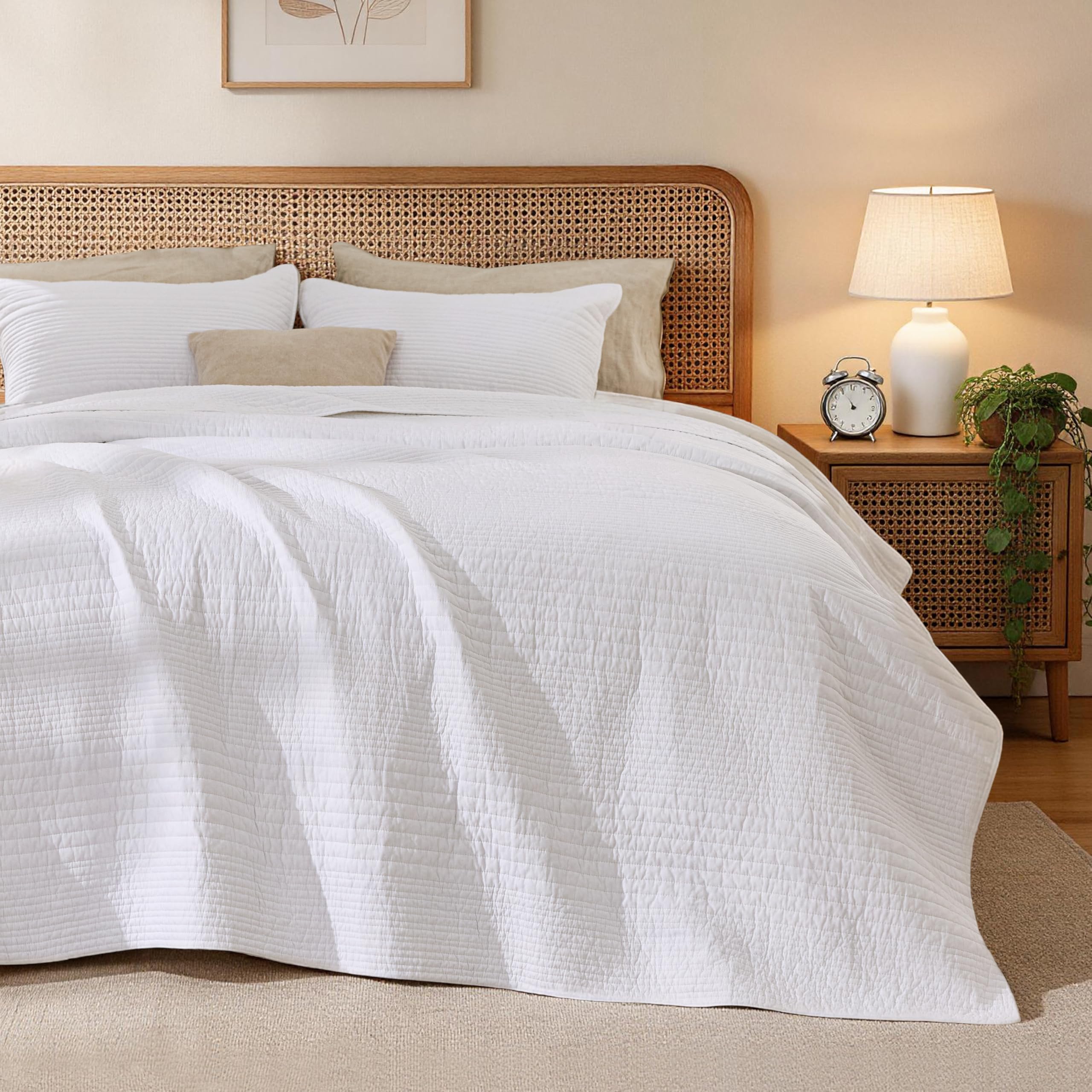 Love's cabin Queen Size Cotton Quilt Set, 100% Cotton Fabric Striped Textured Coverlet with Crinkled Look, Lightweight Quilted Bedspread for All Season, Includes 2 Pillow Shams, Grey | Lightweight