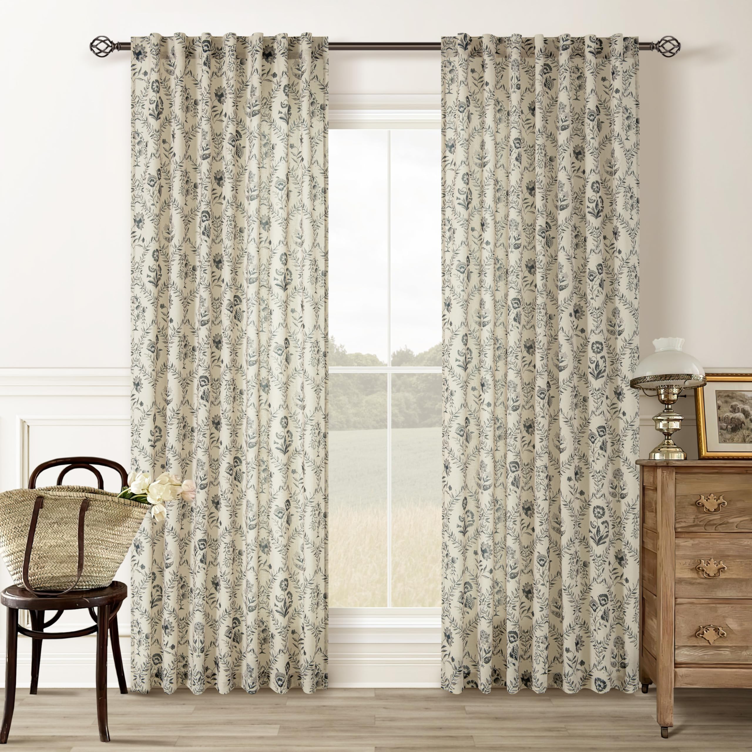 TWOPANELS Spring Farmhouse Floral Linen Curtains 84 Inch Length for Living Room Bedroom 2 Panels Semi Sheer Curtains Back Tab Tan Brown Patterned Flower on Beige Farmhouse Boho Rustic Window Drapes