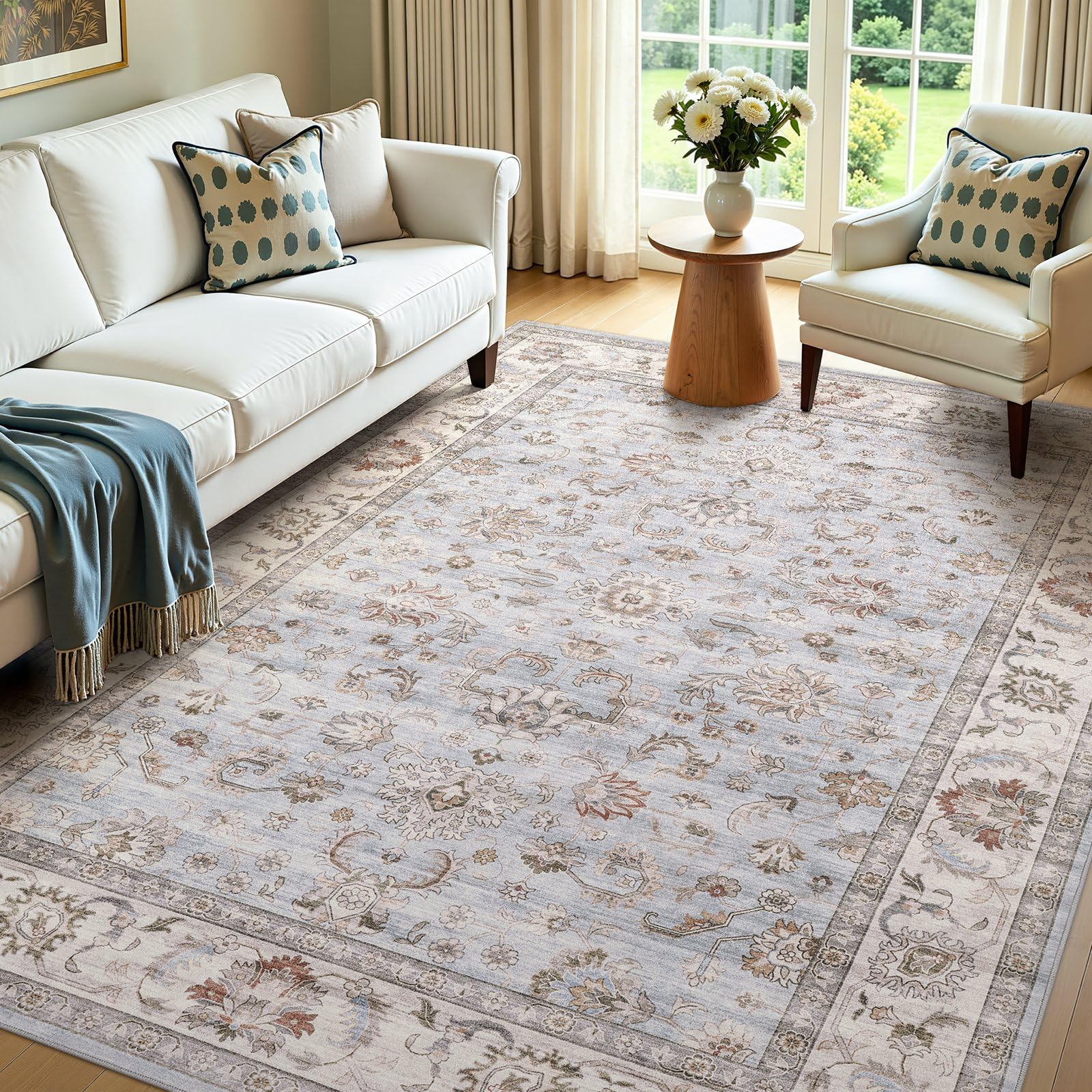 WITSHOCK 10x14 Area Rugs Living Room: Washable Large Neutral Vintage Soft Rug Stain Resistant Non-Slip Farmhouse Indoor Low Pile Floor Carpet for Bedroom Nursery Kids Office- Light Blue