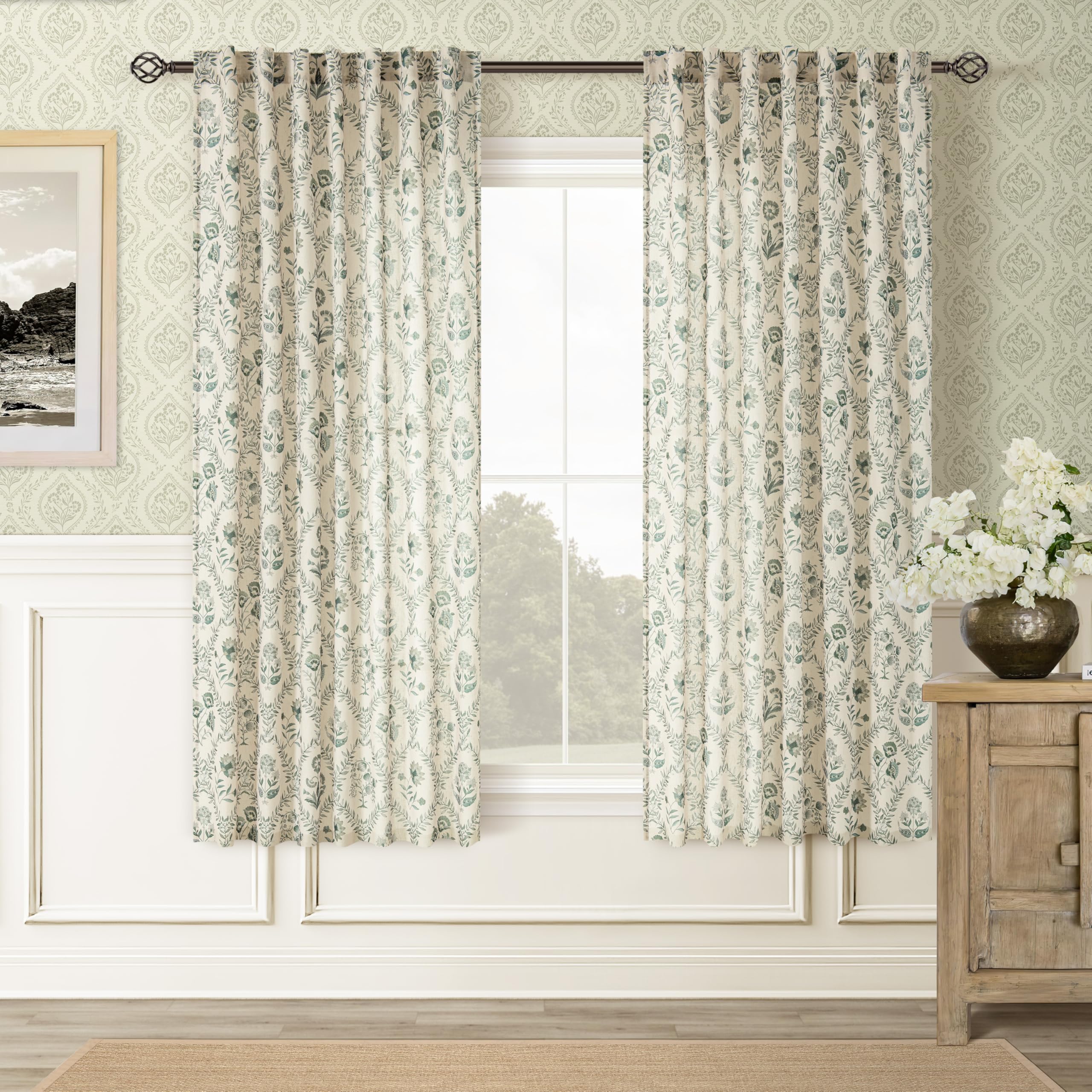 TWOPANELS Spring Farmhouse Floral Linen Curtains 84 Inch Length for Living Room Bedroom 2 Panels Semi Sheer Curtains Back Tab Tan Brown Patterned Flower on Beige Farmhouse Boho Rustic Window Drapes