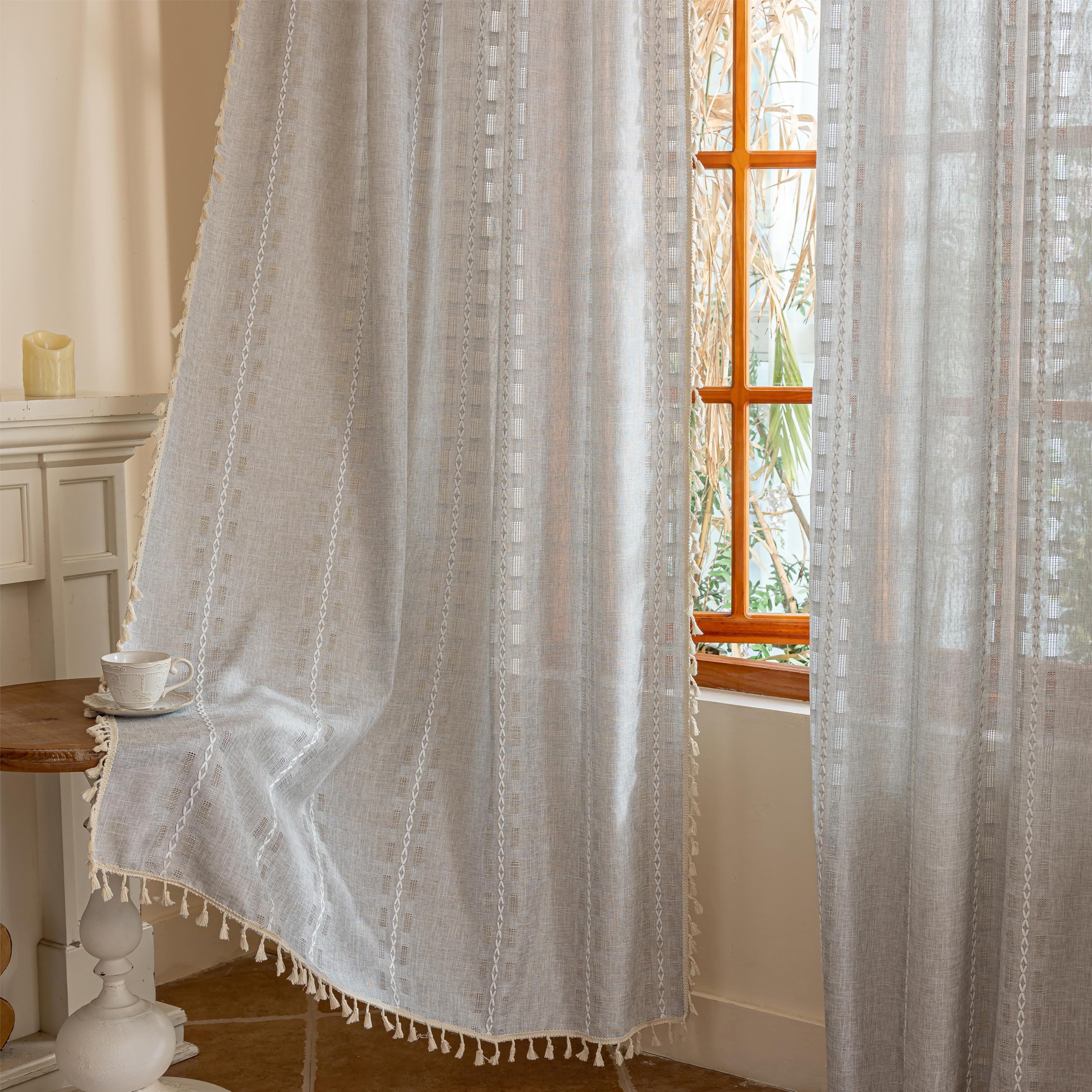 Blue Boho Sheer Curtains 72 inches Long 2 Panels for Bedroom, Light filtering Semi Sheer Bohemian French Country Privacy Tassels Vintage Chic Embroidery Stripes Window Curtains Back Tab, 50" W