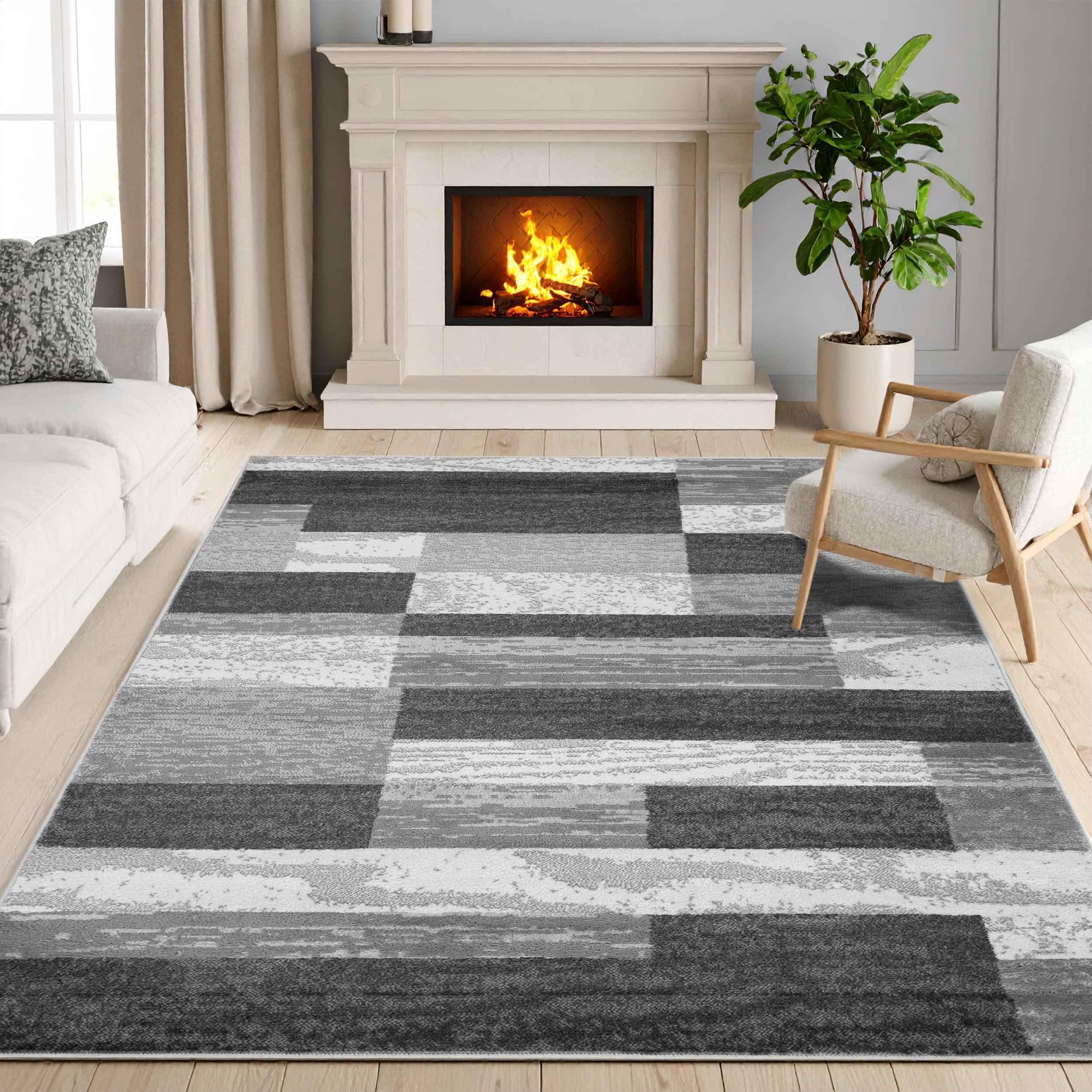 SUPERIOR Indoor Area Rug, Jute Backed, Modern Geometric Patchwork Floor Decor for Bedroom, Office, Living Room, Entryway, Hardwood Floors, Rockwood Collection, 4' x 6', Chocolate