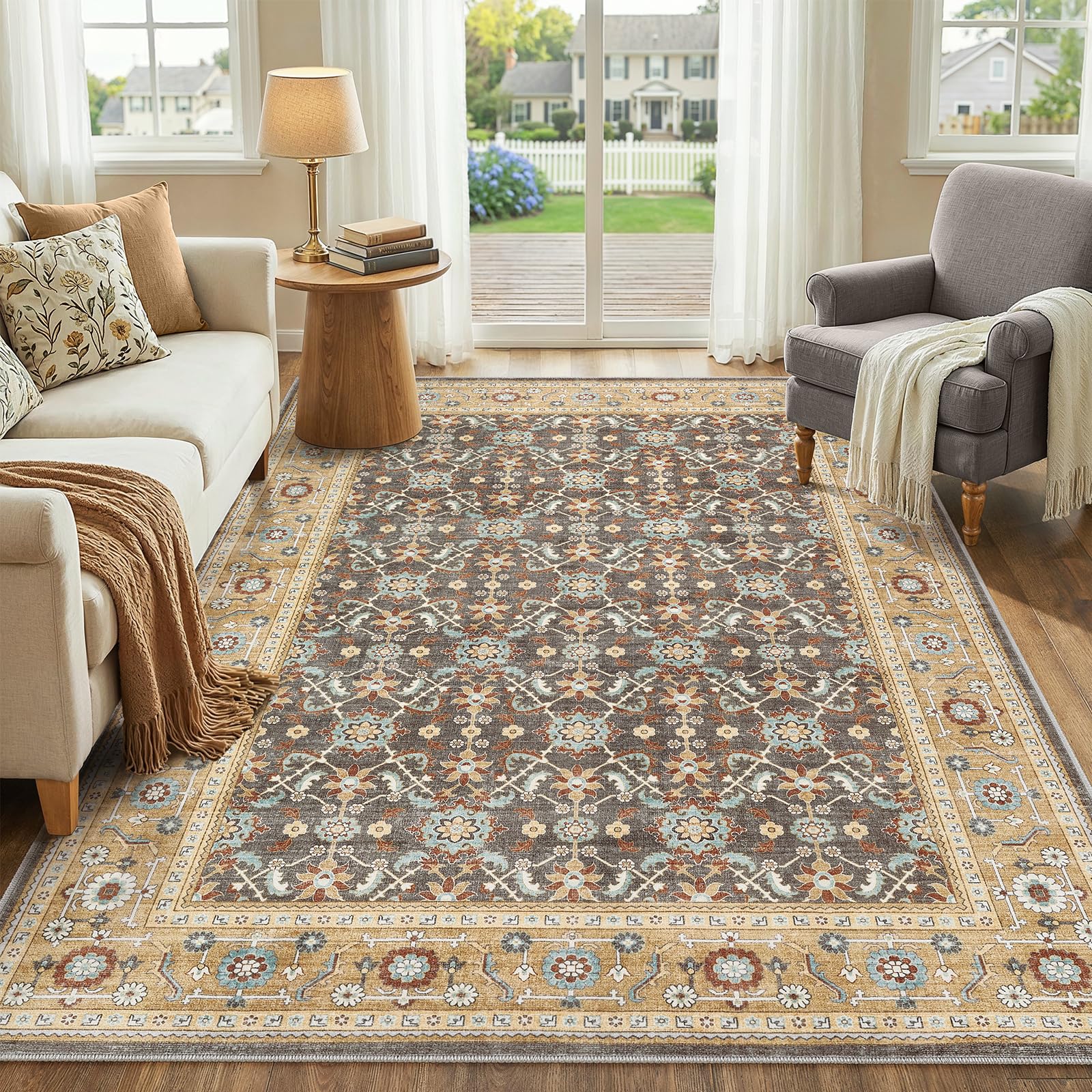 WITSHOCK 10x14 Area Rugs Living Room: Washable Large Neutral Vintage Soft Rug Stain Resistant Non-Slip Farmhouse Indoor Low Pile Floor Carpet for Bedroom Nursery Kids Office- Light Blue