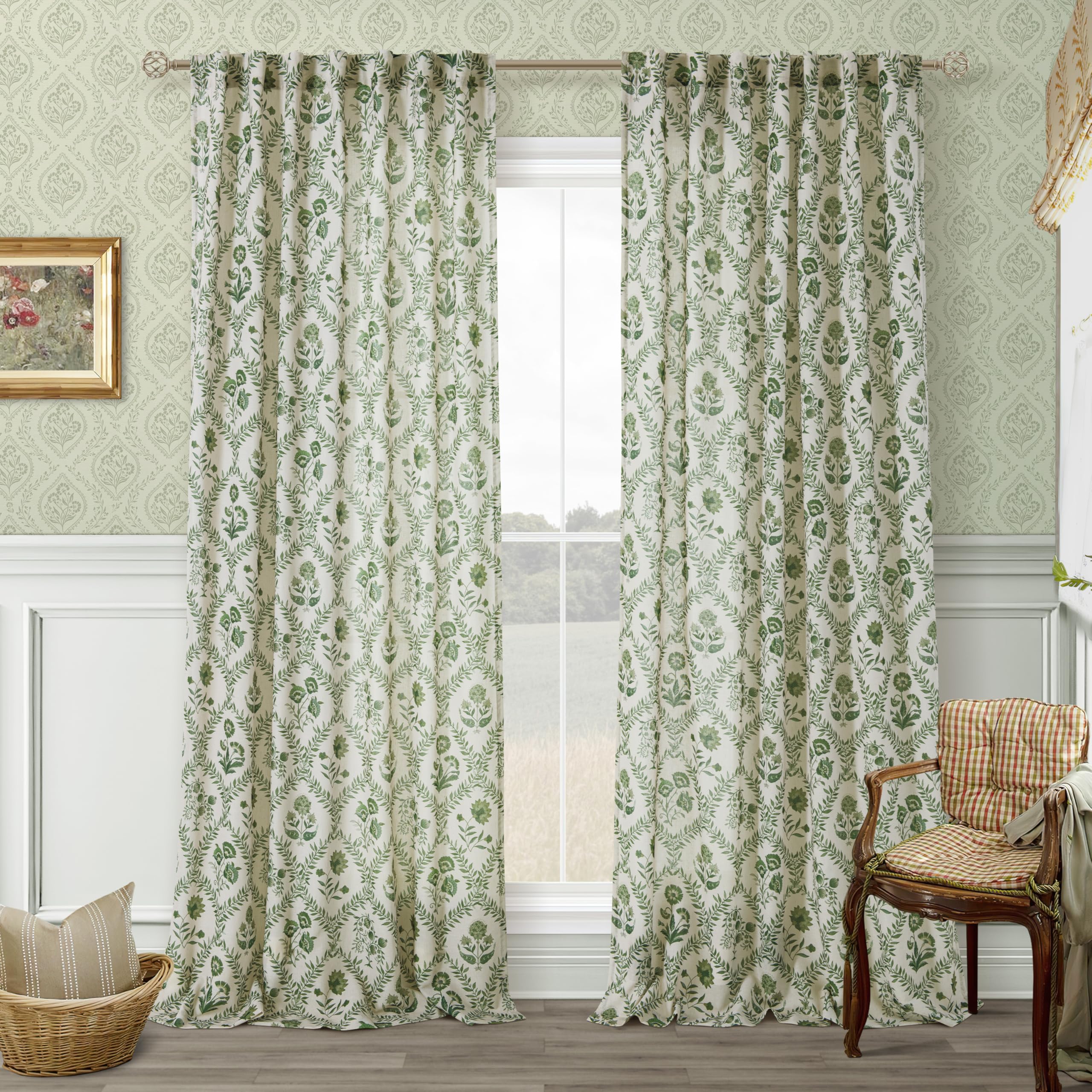 TWOPANELS Spring Farmhouse Floral Linen Curtains 84 Inch Length for Living Room Bedroom 2 Panels Semi Sheer Curtains Back Tab Tan Brown Patterned Flower on Beige Farmhouse Boho Rustic Window Drapes