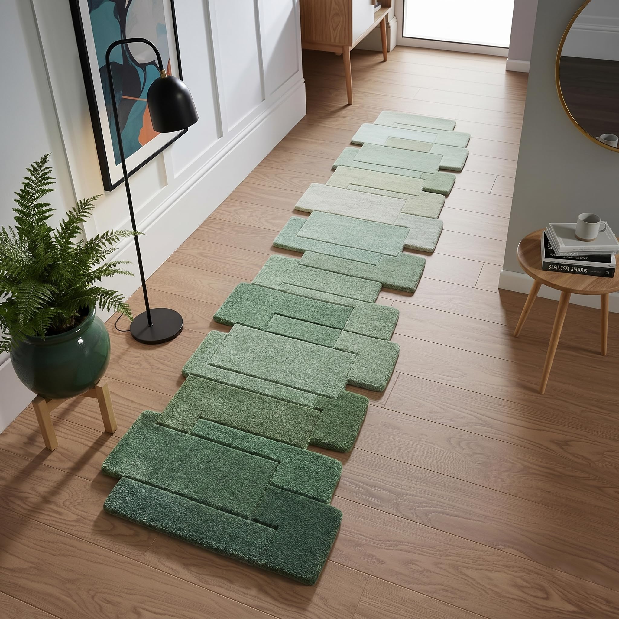 Restoration and Renovation Multi-Color Wool Runner Rug 2.6' x 8' – Handmade, Irregular Block Pattern, Artistic Geometric Design Carpet for Living Room, Bedroom, Kitchen & Home Decor