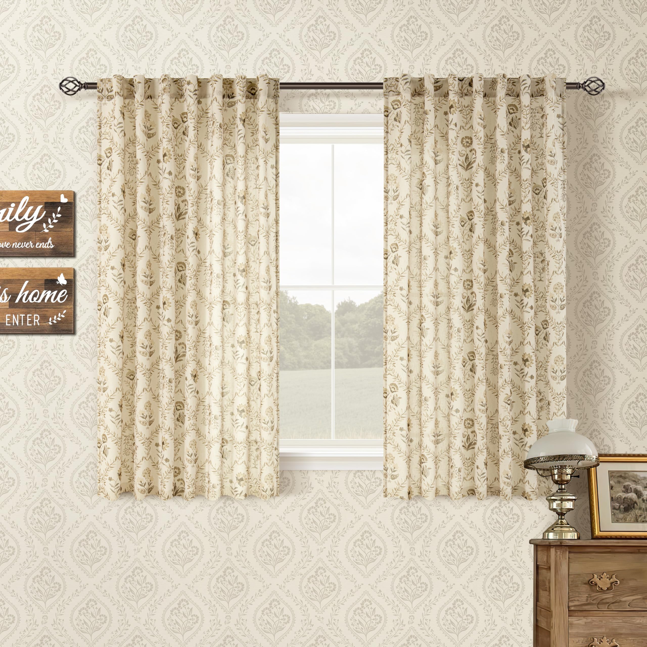 TWOPANELS Spring Farmhouse Floral Linen Curtains 84 Inch Length for Living Room Bedroom 2 Panels Semi Sheer Curtains Back Tab Tan Brown Patterned Flower on Beige Farmhouse Boho Rustic Window Drapes