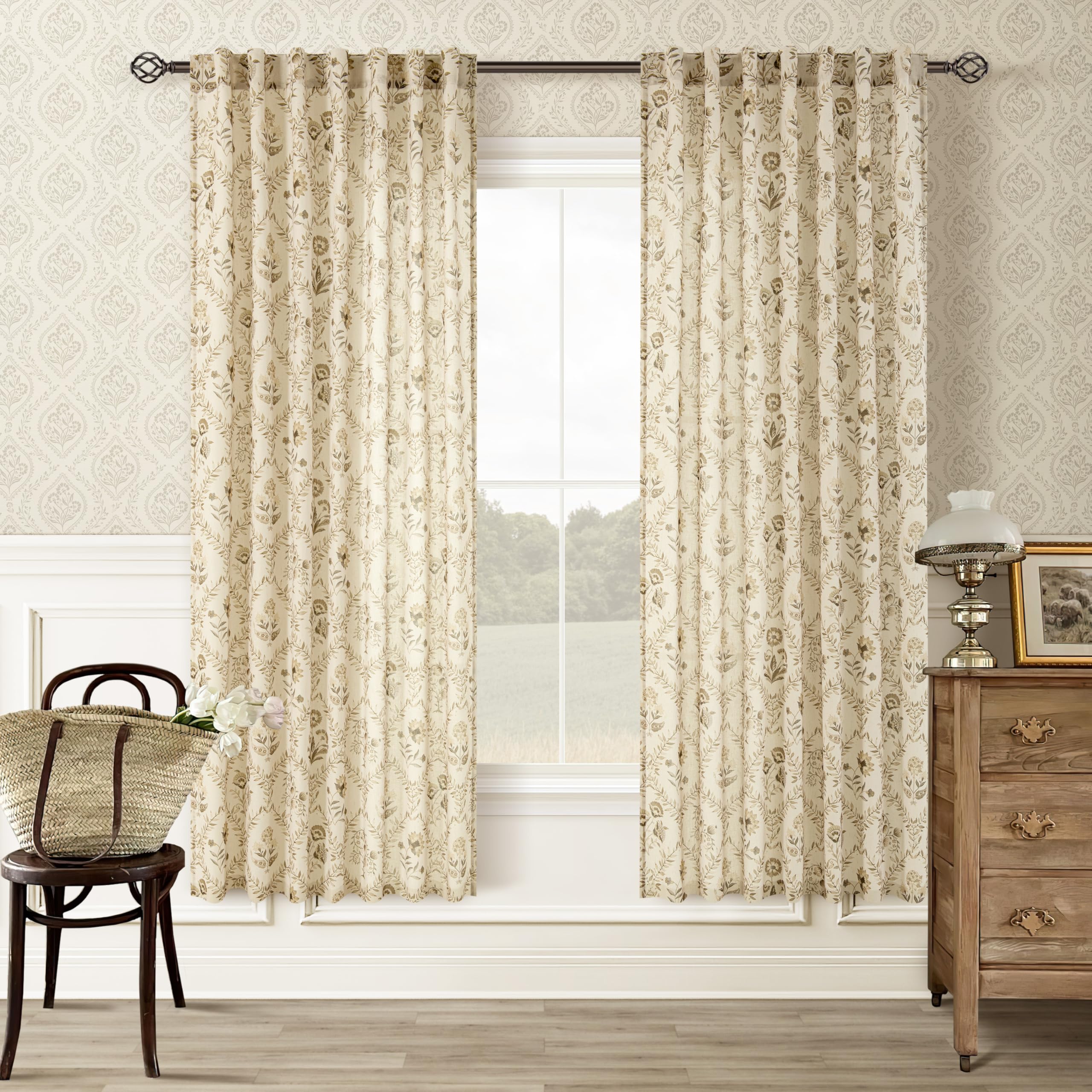 TWOPANELS Spring Farmhouse Floral Linen Curtains 84 Inch Length for Living Room Bedroom 2 Panels Semi Sheer Curtains Back Tab Tan Brown Patterned Flower on Beige Farmhouse Boho Rustic Window Drapes