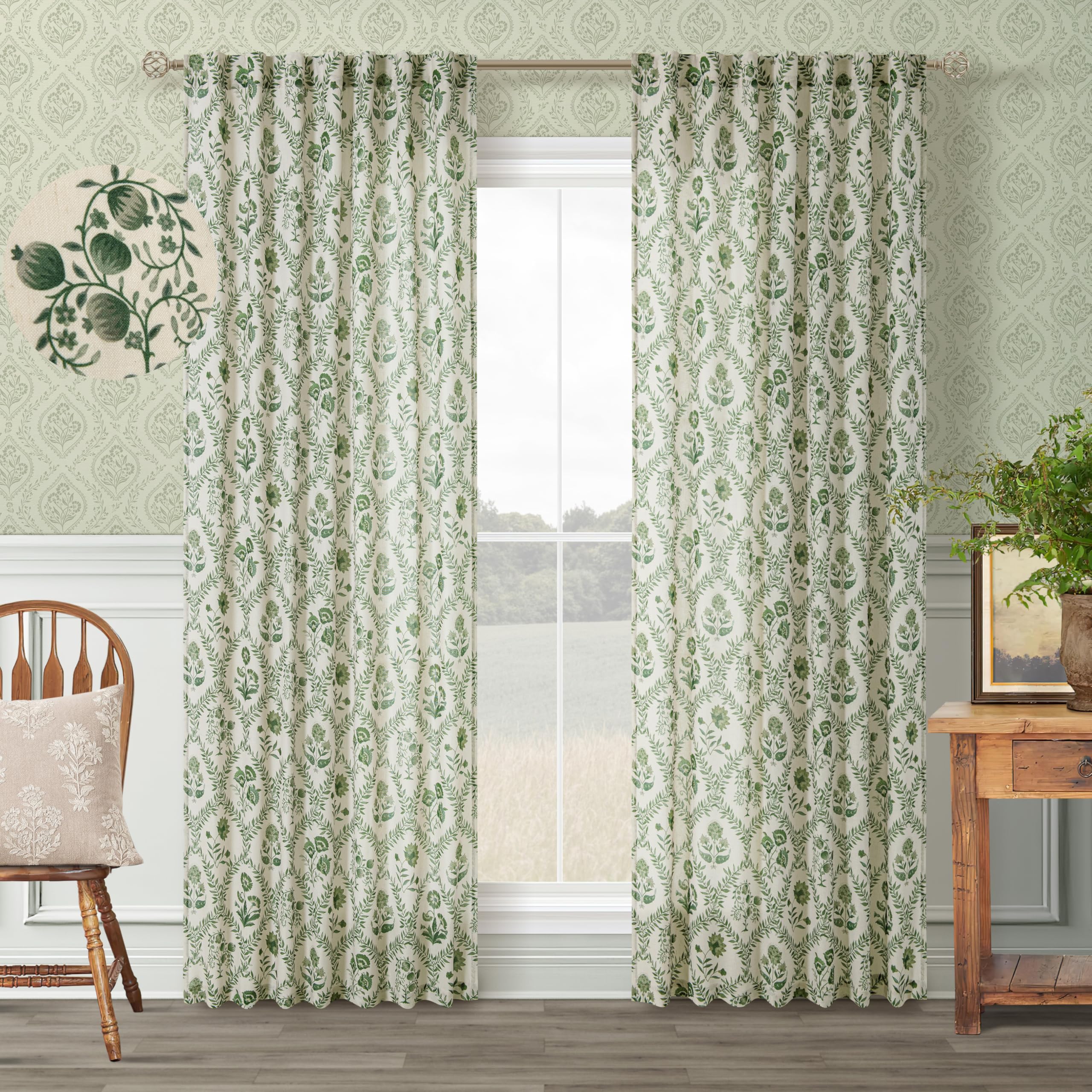 TWOPANELS Spring Farmhouse Floral Linen Curtains 84 Inch Length for Living Room Bedroom 2 Panels Semi Sheer Curtains Back Tab Tan Brown Patterned Flower on Beige Farmhouse Boho Rustic Window Drapes