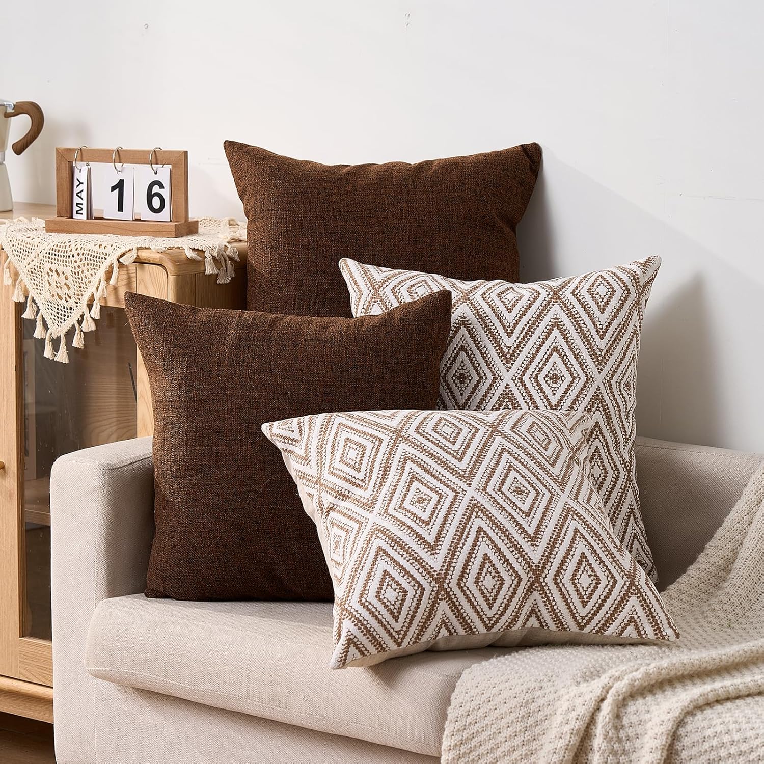 HPUK Decorative Throw Pillow Covers Set of 4 Geometric Design Linen Cushion Cover for Couch Sofa Living Room, 18"x18" inches, Chocolate