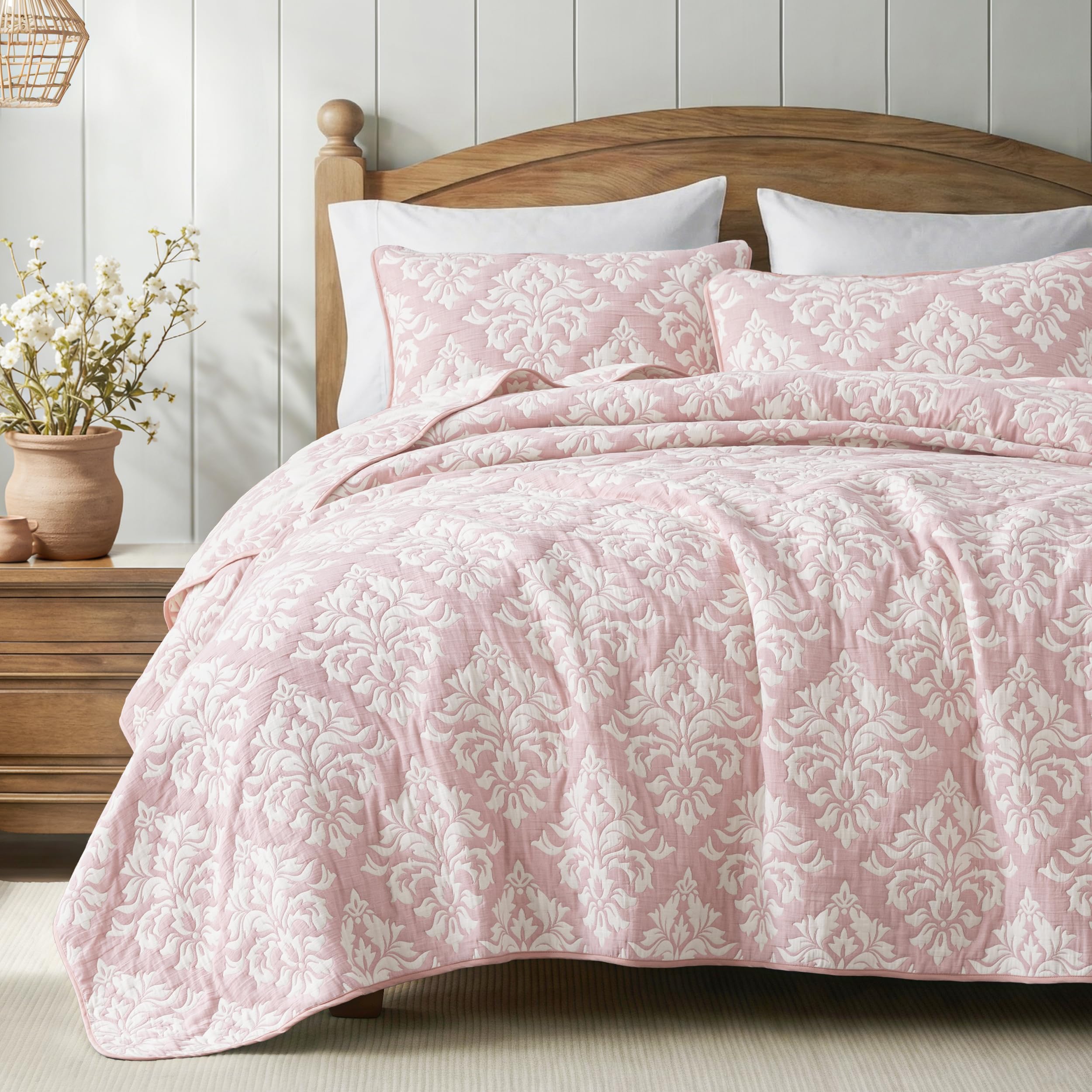 Exclusivo Mezcla Cotton Quilts Queen Size Beige, Soft Lightweight Bedspread Breathable Prewashed Bed Coverlet with 2 Pillow Shams, Boho Pattern Yarn Dyed Muslin Quilt Bedding Set for All Seasons