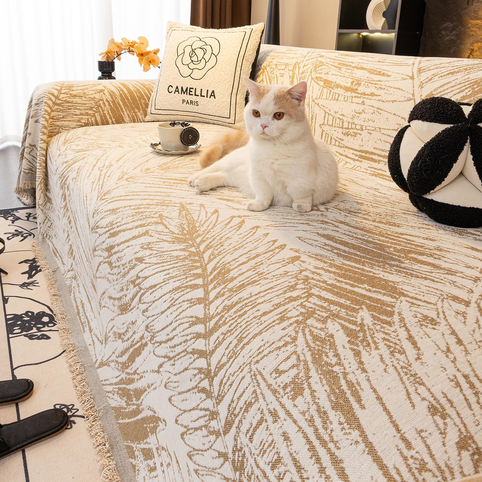 VClife Boho Couch Cover, Washable Sofa Cover for Dog, Non Slip Couch Covers for 3 Cushion Couch, Modern Khaki Creamy White Geometric Sofa Slipcovers Multi-Functional Furniture Protector 71'' x 134''