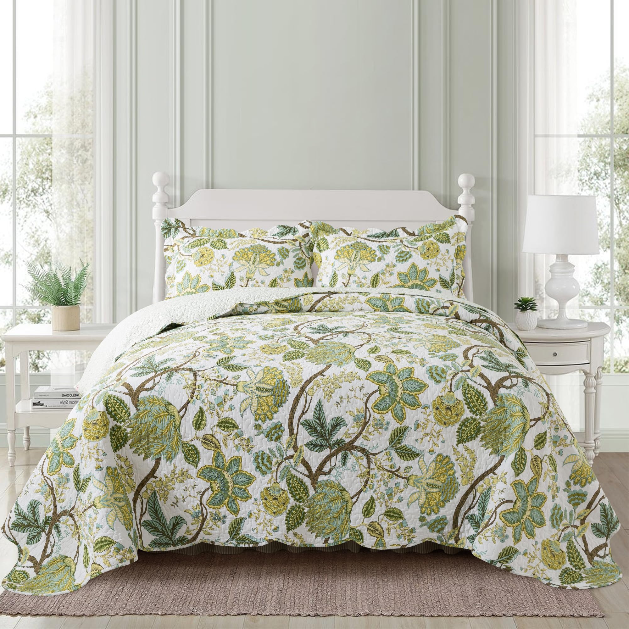 NEWLAKE Quilt Set Queen Size, 100% Cotton Patchwork Green Bohemian Quilt Sets, Reversible Bedspread Lightweight and Breathable for All Seasons, Soft Quilted Bedspread with 2 Pillow Shams