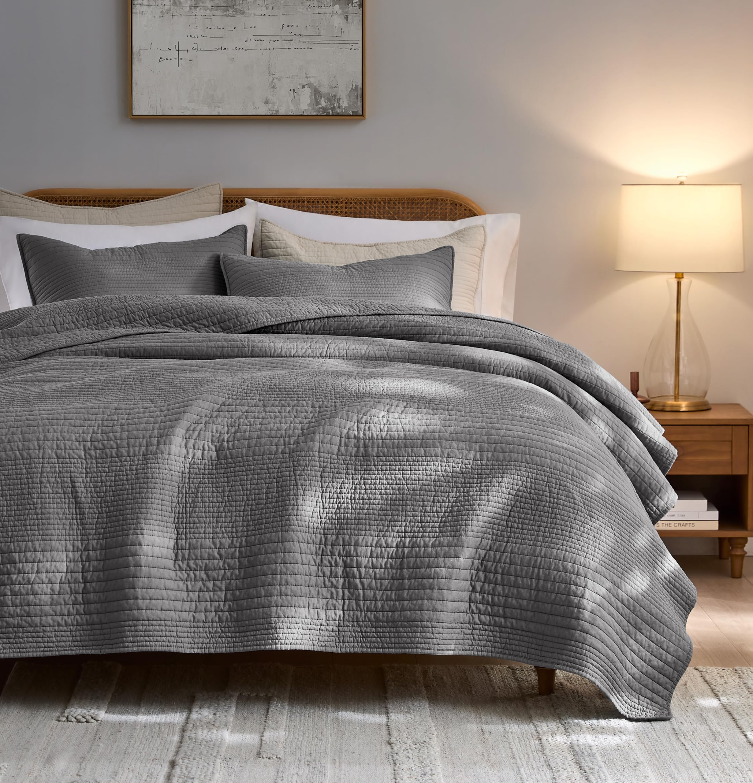 palassio Striped Blue Grey 100% Cotton Quilt King Size Bedding Sets, Lightweight Crinkly Channel Pick Stitch Textured Bedspread Soft Shabby Chic Farmhouse Country Coverlet for All Season, 2 Shams