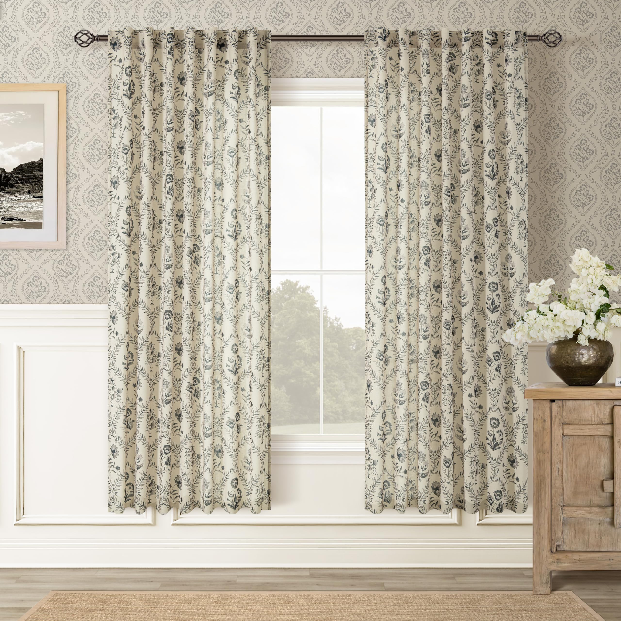 TWOPANELS Spring Farmhouse Floral Linen Curtains 84 Inch Length for Living Room Bedroom 2 Panels Semi Sheer Curtains Back Tab Tan Brown Patterned Flower on Beige Farmhouse Boho Rustic Window Drapes
