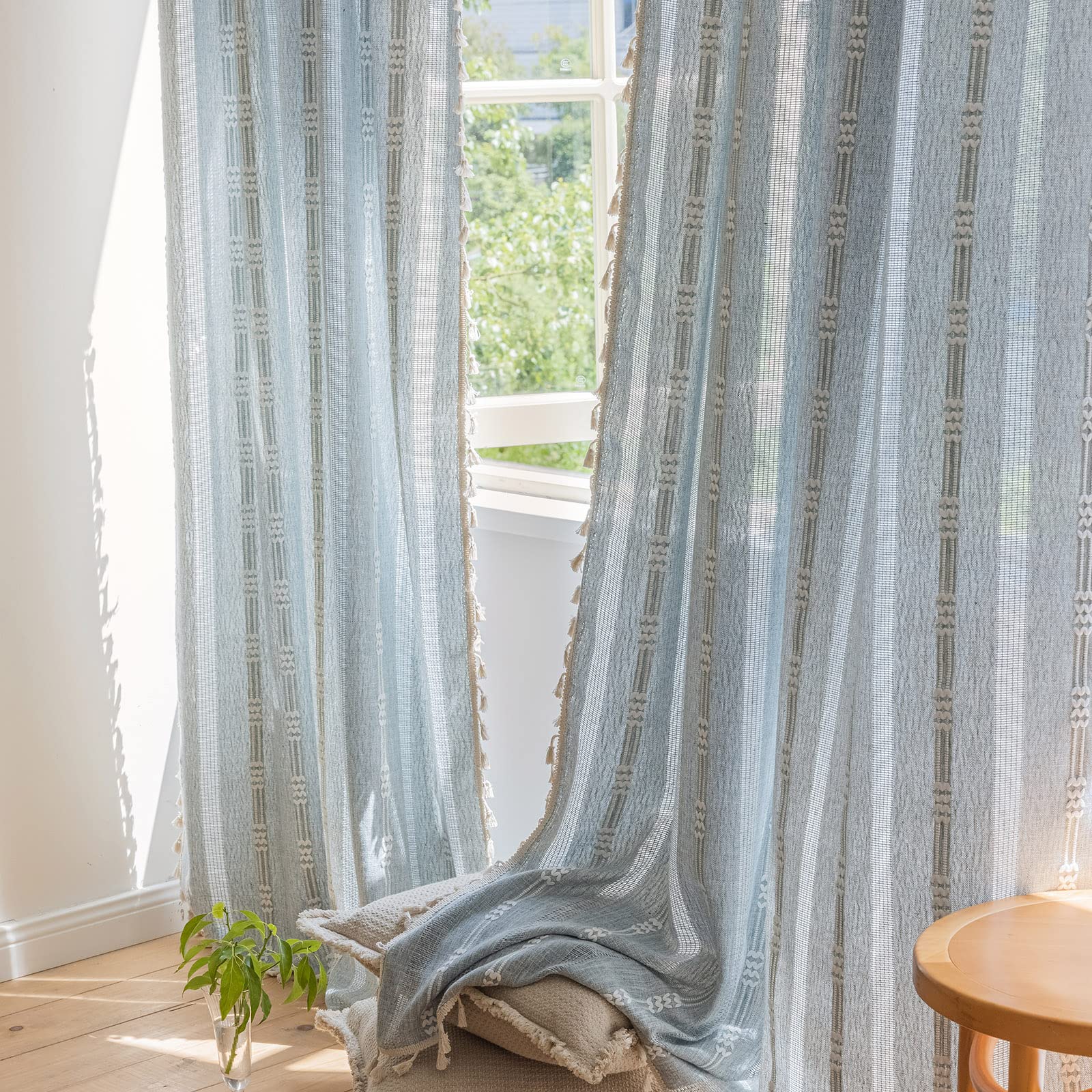 Green Boho Floral Curtains 84", 2 Panels Cotton Linen Semi-Blackout Drapes with Tassel