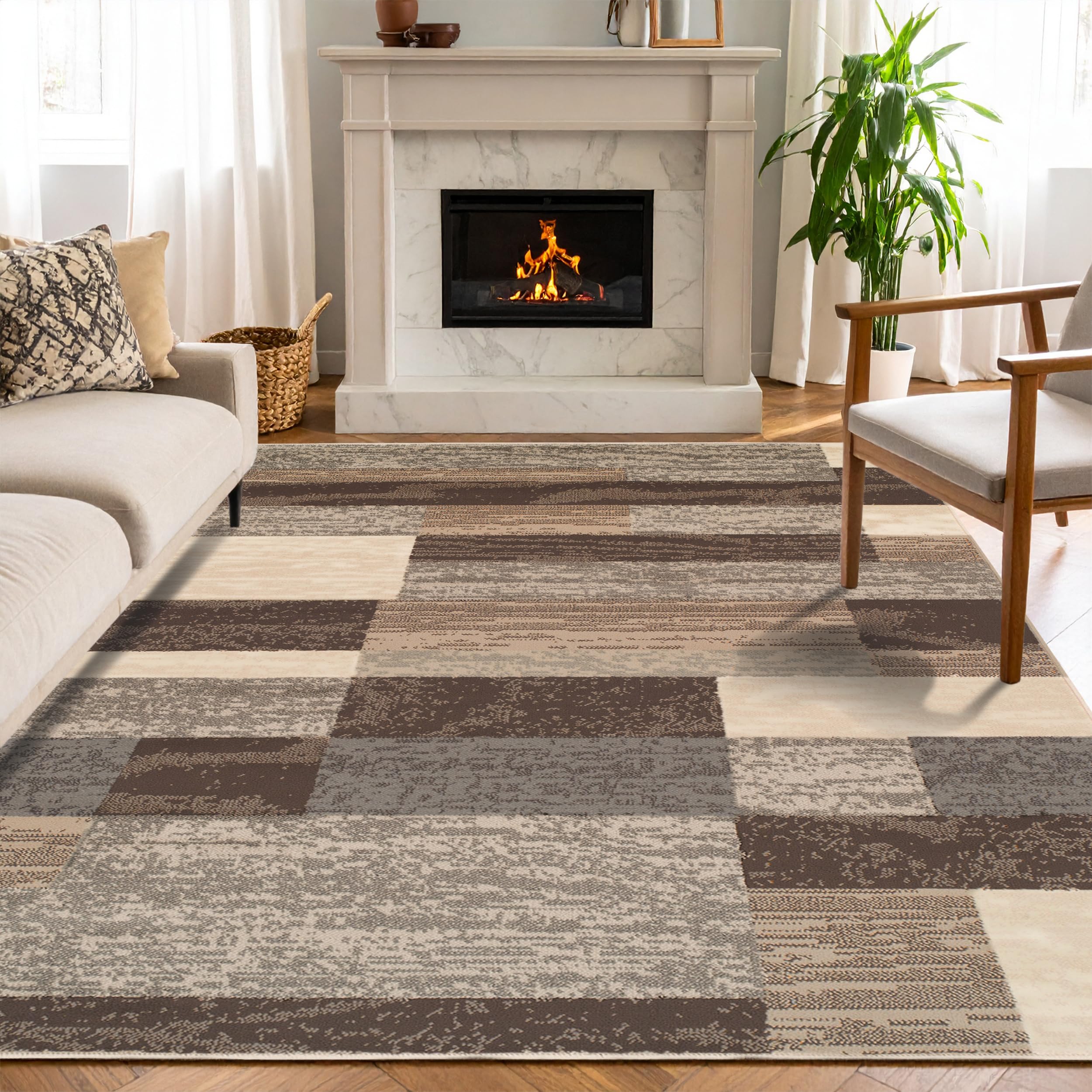 Superior Indoor Area Rug, Jute Backed, Modern Geometric Patchwork Floor Decor for Bedroom, Office, Living Room, Entryway, Kitchen, Hardwood Floors, Rockwood Collection, 3' x 5', Ivory-Beige