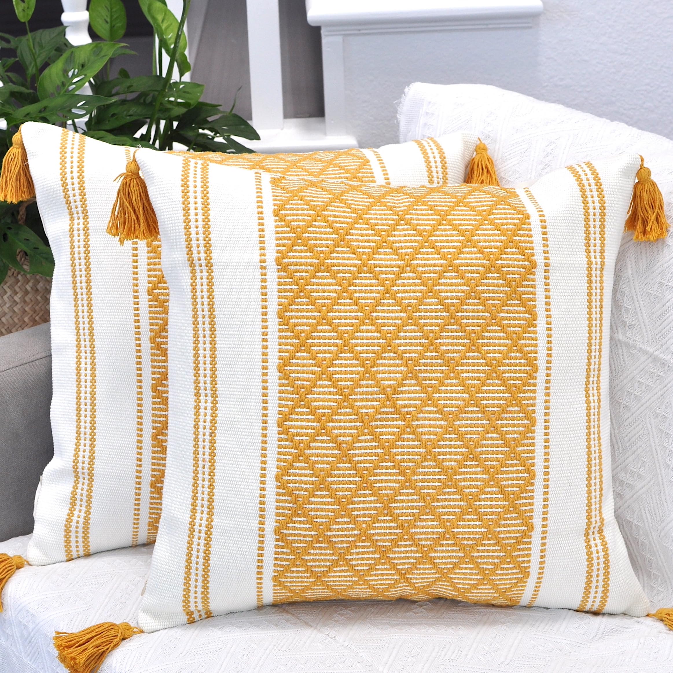 Boho Throw Pillow Covers with Tassels Navy Blue 16x16 inches Set of 2 Checkered Geometric Pattern/Decorative Square Pillow Covers for Couch Sofa Indoor Outdoor/Farmhouse Accent Pillow Cases