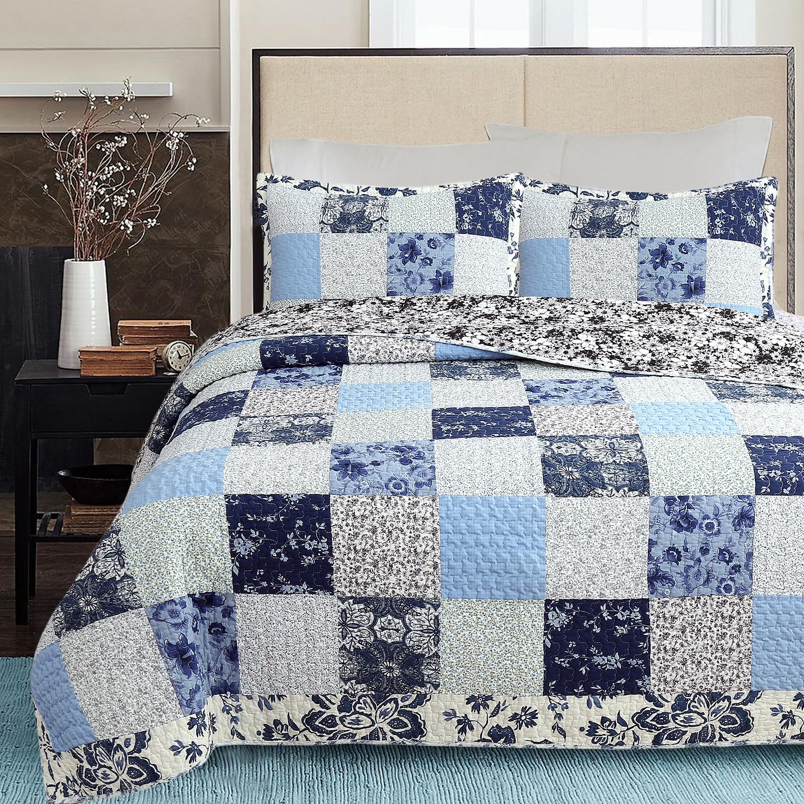 Cozy Line Home Fashions 100% Cotton Reversible Quilt Bedding Set, Classic Taupe Tan Striped Patchwork All-Season Coverlet Bedspread (Winter Plains, Queen-3 Piece)