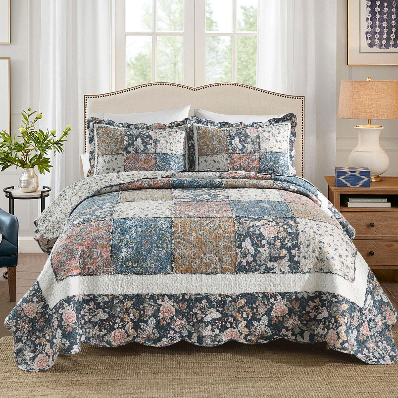Yvooxny Quilts Queen Size Reversible Lightweight Bedspread 3-Piece Quilt Set Plaid Floral Patchwork 100% Cotton Queen Quilt Set Bedding Set with Pillow Shams for All Seasons, Azure Blue, 90x98''