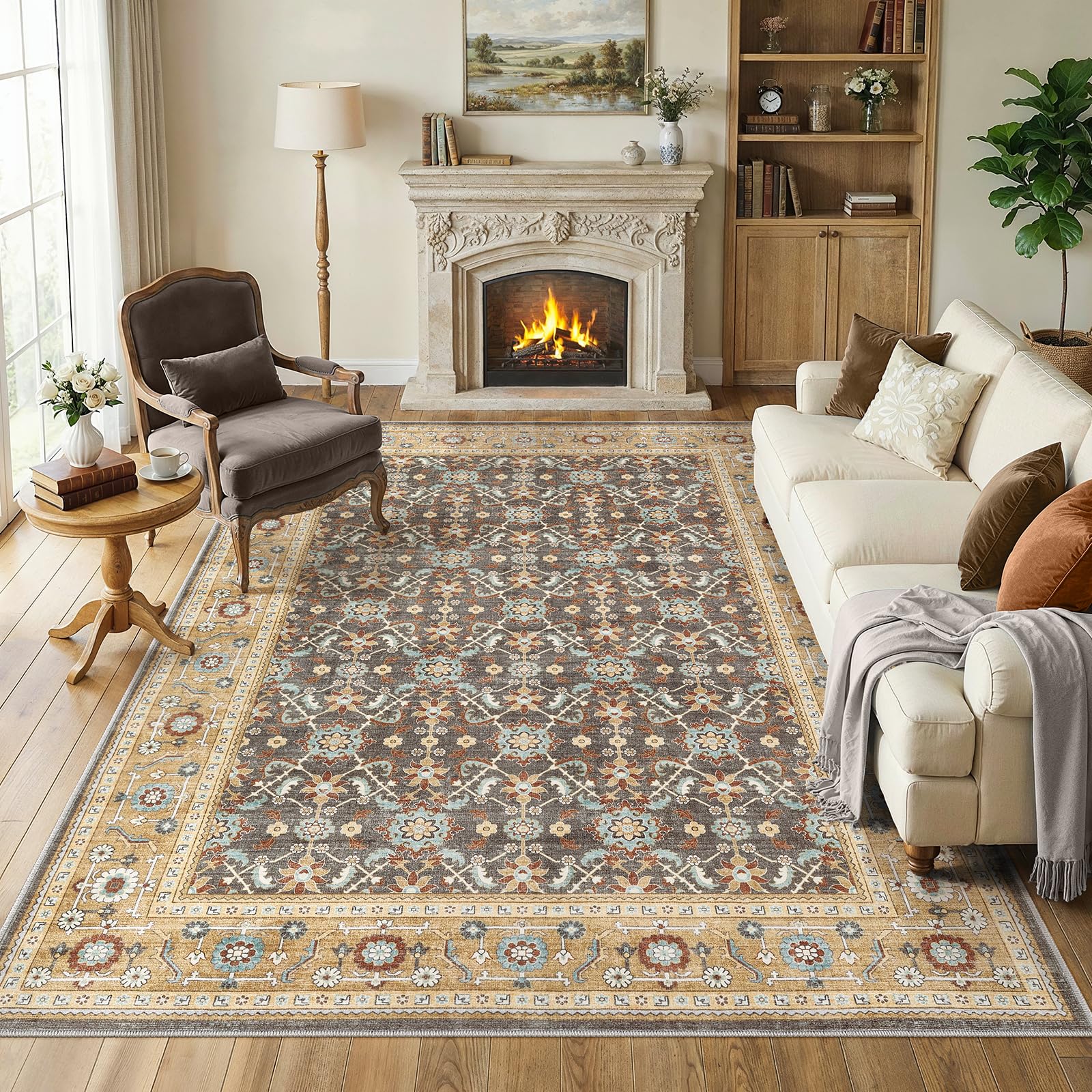 WITSHOCK 10x14 Area Rugs Living Room: Washable Large Neutral Vintage Soft Rug Stain Resistant Non-Slip Farmhouse Indoor Low Pile Floor Carpet for Bedroom Nursery Kids Office- Light Blue