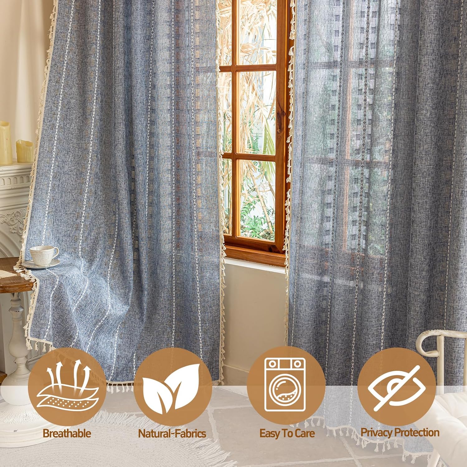 Blue Boho Sheer Curtains 72 inches Long 2 Panels for Bedroom, Light filtering Semi Sheer Bohemian French Country Privacy Tassels Vintage Chic Embroidery Stripes Window Curtains Back Tab, 50" W
