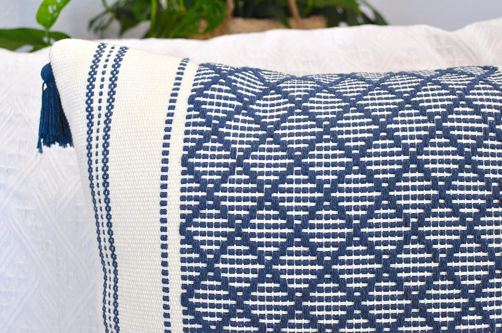 Boho Throw Pillow Covers with Tassels Navy Blue 16x16 inches Set of 2 Checkered Geometric Pattern/Decorative Square Pillow Covers for Couch Sofa Indoor Outdoor/Farmhouse Accent Pillow Cases