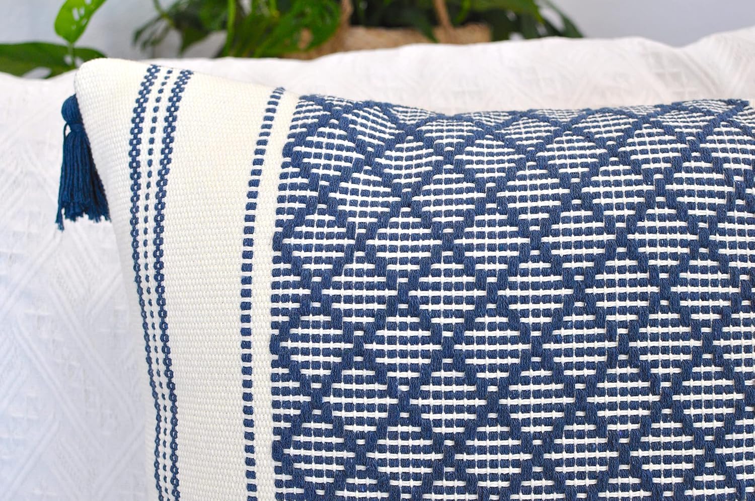 Boho Throw Pillow Covers with Tassels Navy Blue 16x16 inches Set of 2 Checkered Geometric Pattern/Decorative Square Pillow Covers for Couch Sofa Indoor Outdoor/Farmhouse Accent Pillow Cases