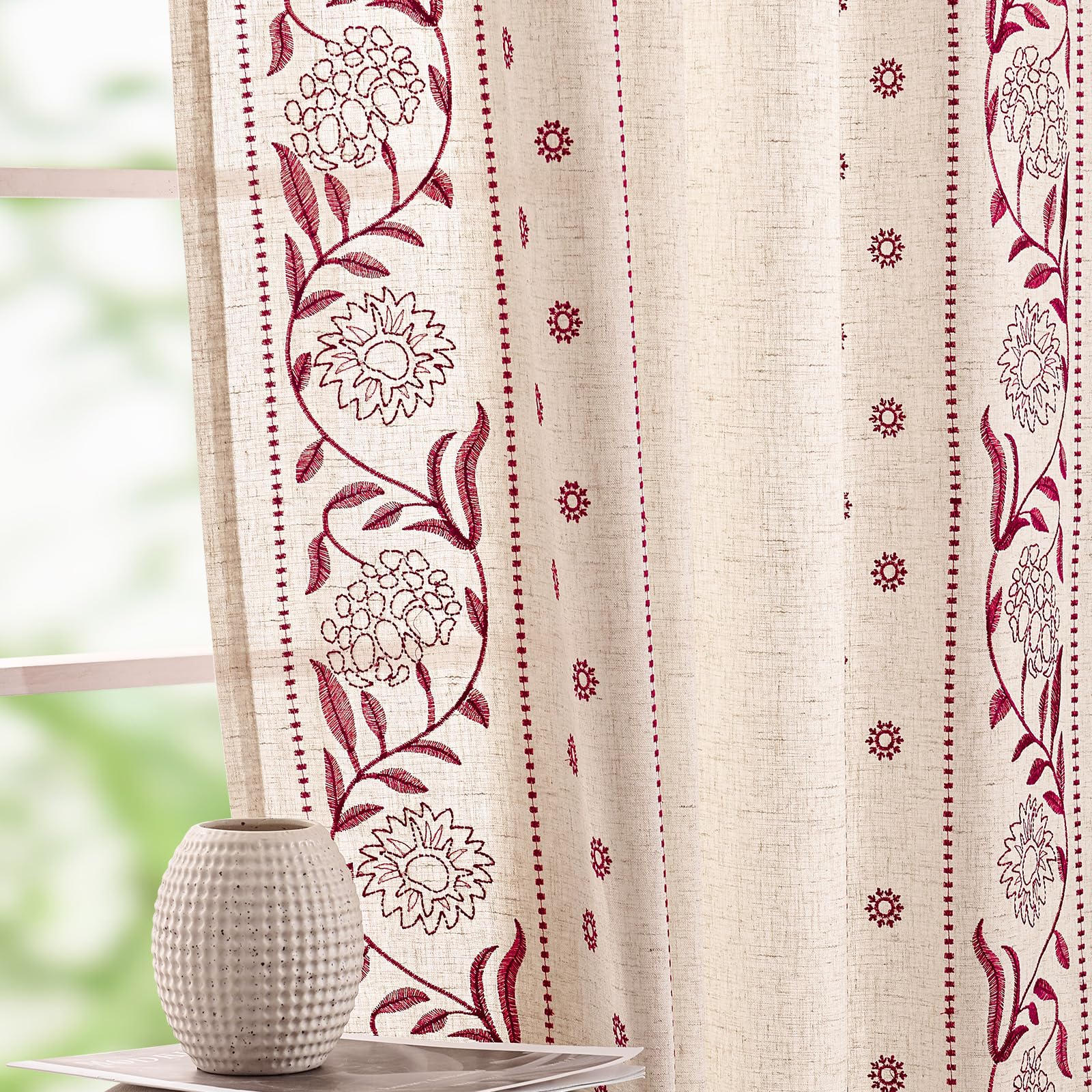jinchan Winslow Linen Curtains for Bedroom 84 Inches Length Embroidered Bordered Floral Curtains for Living Room Farmhouse Decor Light Filtering Window Treatments Blue on Beige Drapes 2 Panels