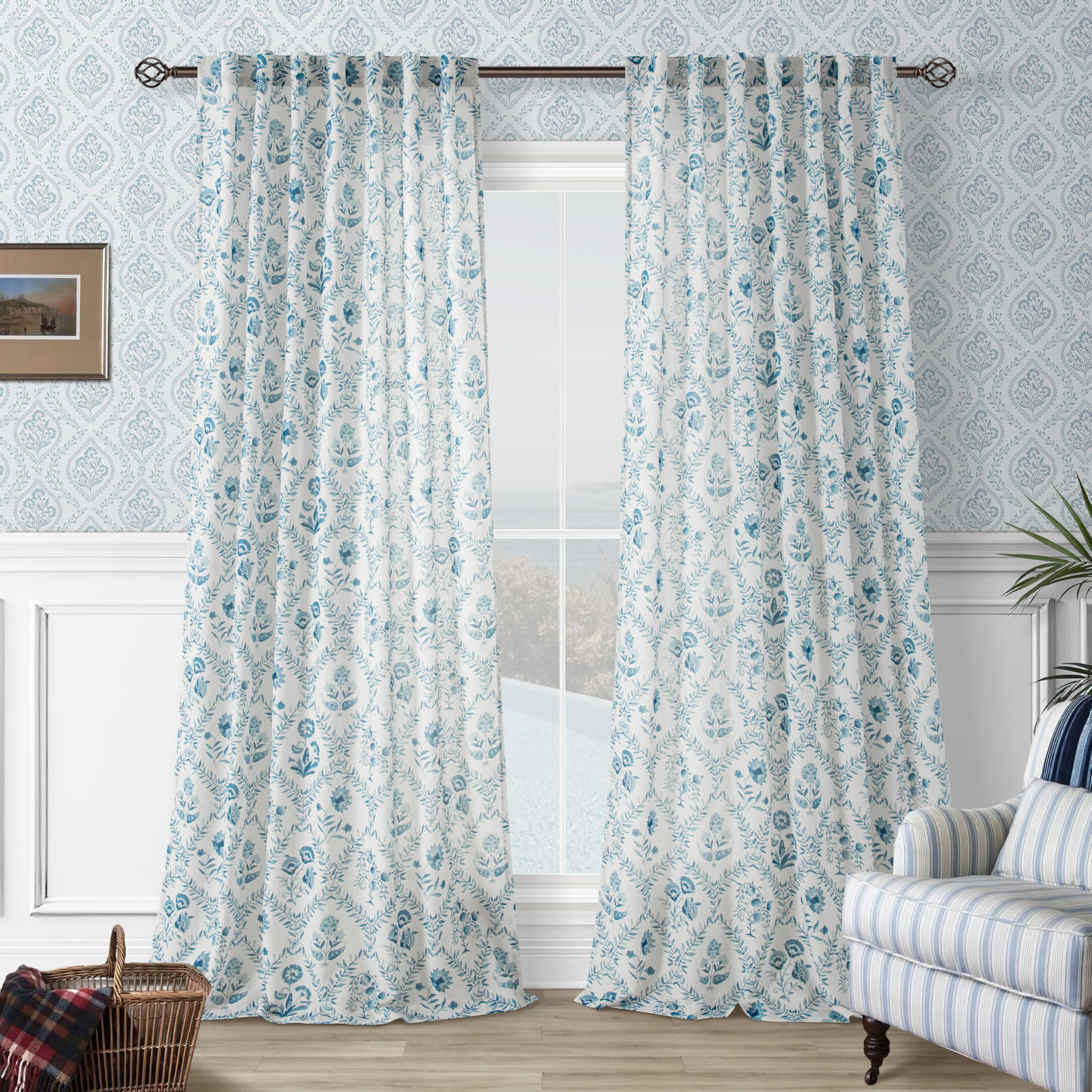 TWOPANELS Spring Farmhouse Floral Linen Curtains 84 Inch Length for Living Room Bedroom 2 Panels Semi Sheer Curtains Back Tab Tan Brown Patterned Flower on Beige Farmhouse Boho Rustic Window Drapes