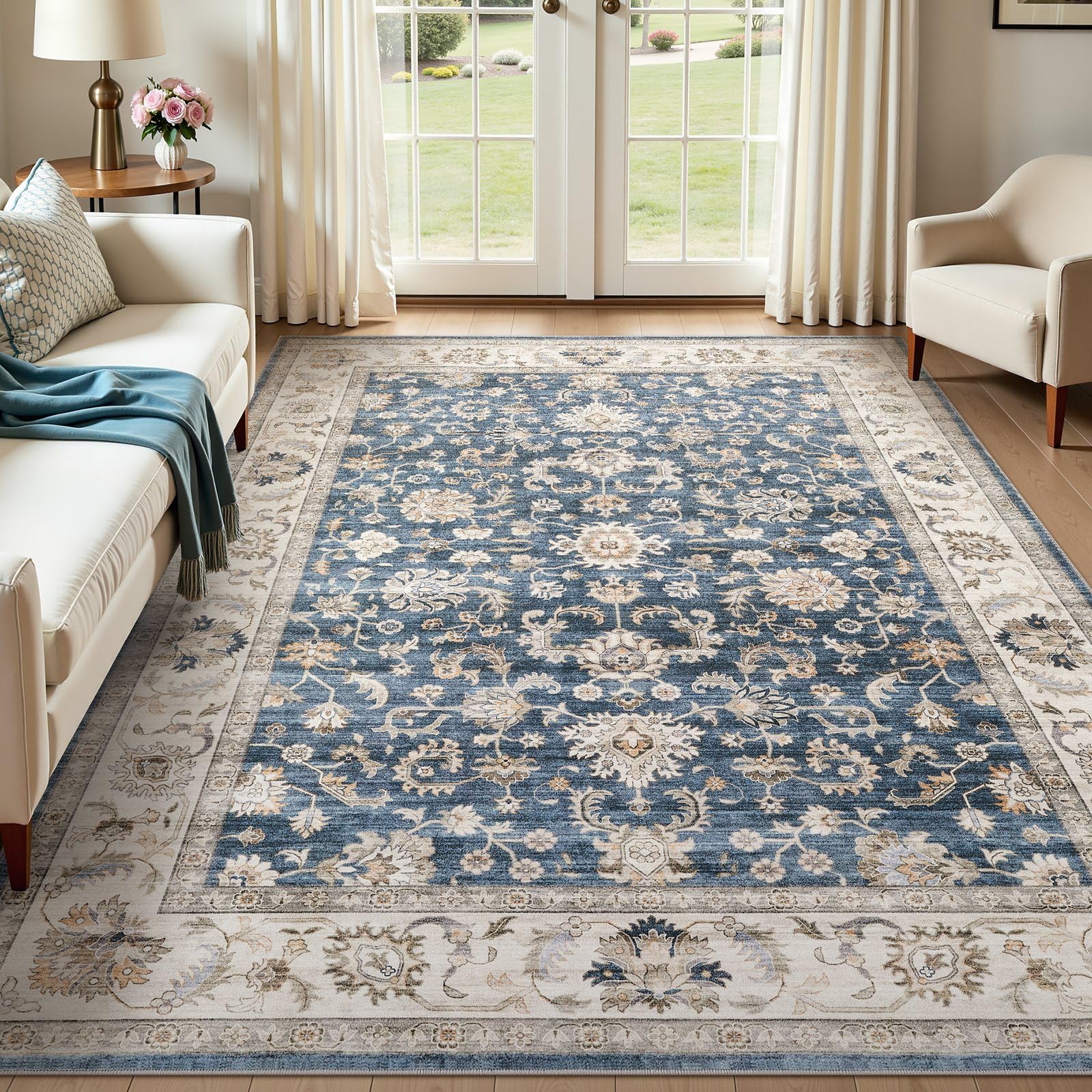WITSHOCK 10x14 Area Rugs Living Room: Washable Large Neutral Vintage Soft Rug Stain Resistant Non-Slip Farmhouse Indoor Low Pile Floor Carpet for Bedroom Nursery Kids Office- Light Blue