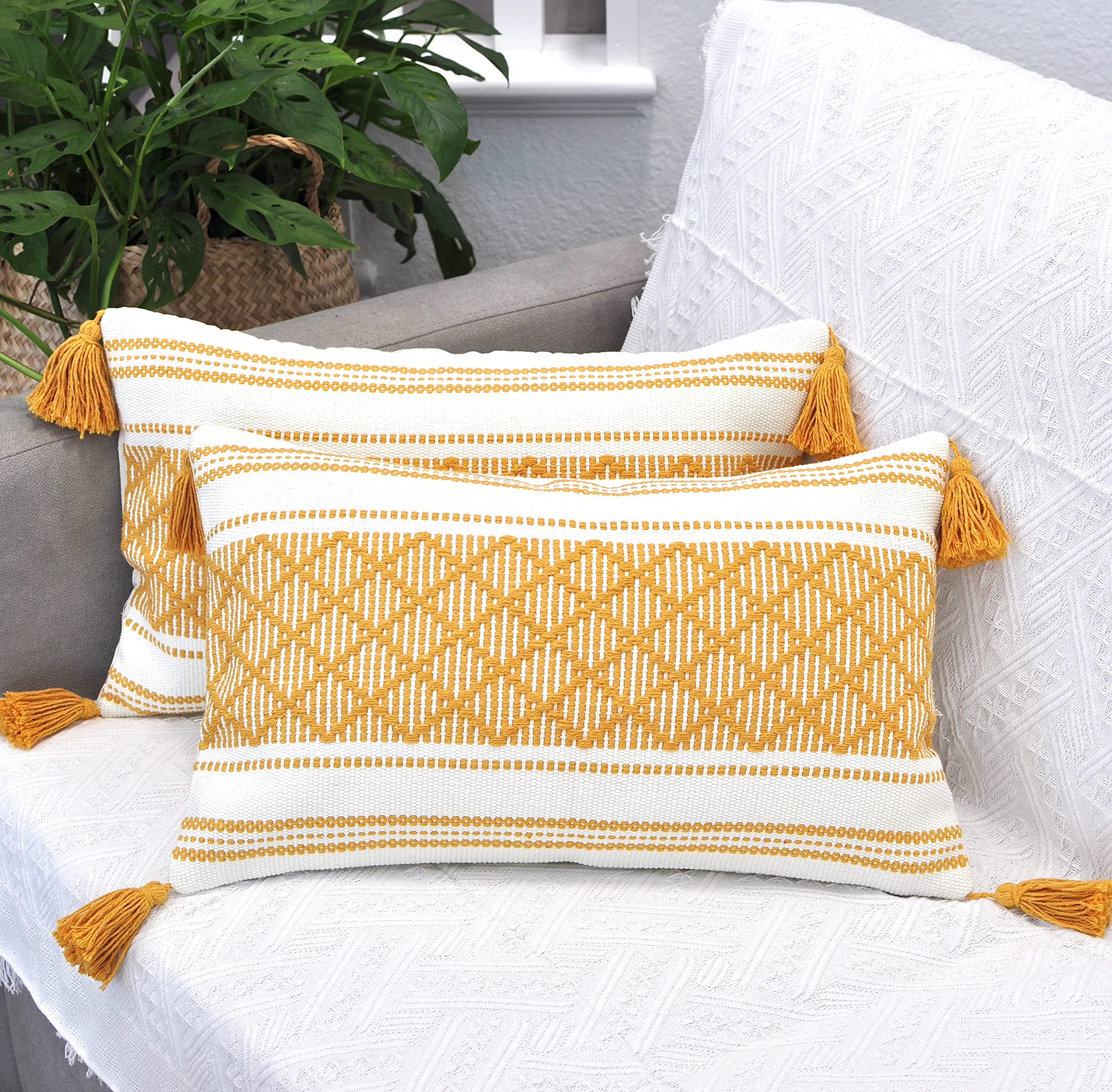 Boho Throw Pillow Covers with Tassels Navy Blue 16x16 inches Set of 2 Checkered Geometric Pattern/Decorative Square Pillow Covers for Couch Sofa Indoor Outdoor/Farmhouse Accent Pillow Cases