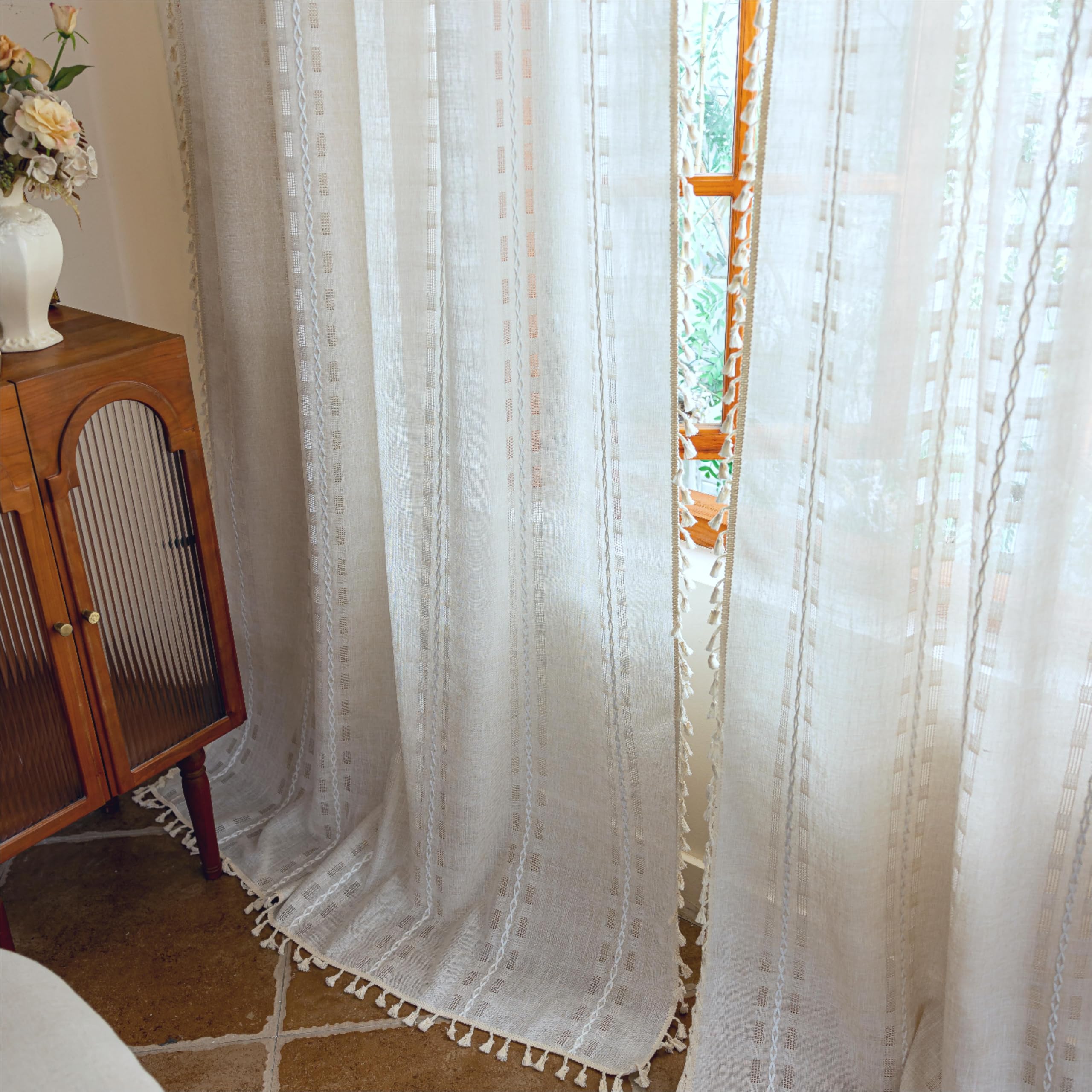 Blue Boho Sheer Curtains 72 inches Long 2 Panels for Bedroom, Light filtering Semi Sheer Bohemian French Country Privacy Tassels Vintage Chic Embroidery Stripes Window Curtains Back Tab, 50" W