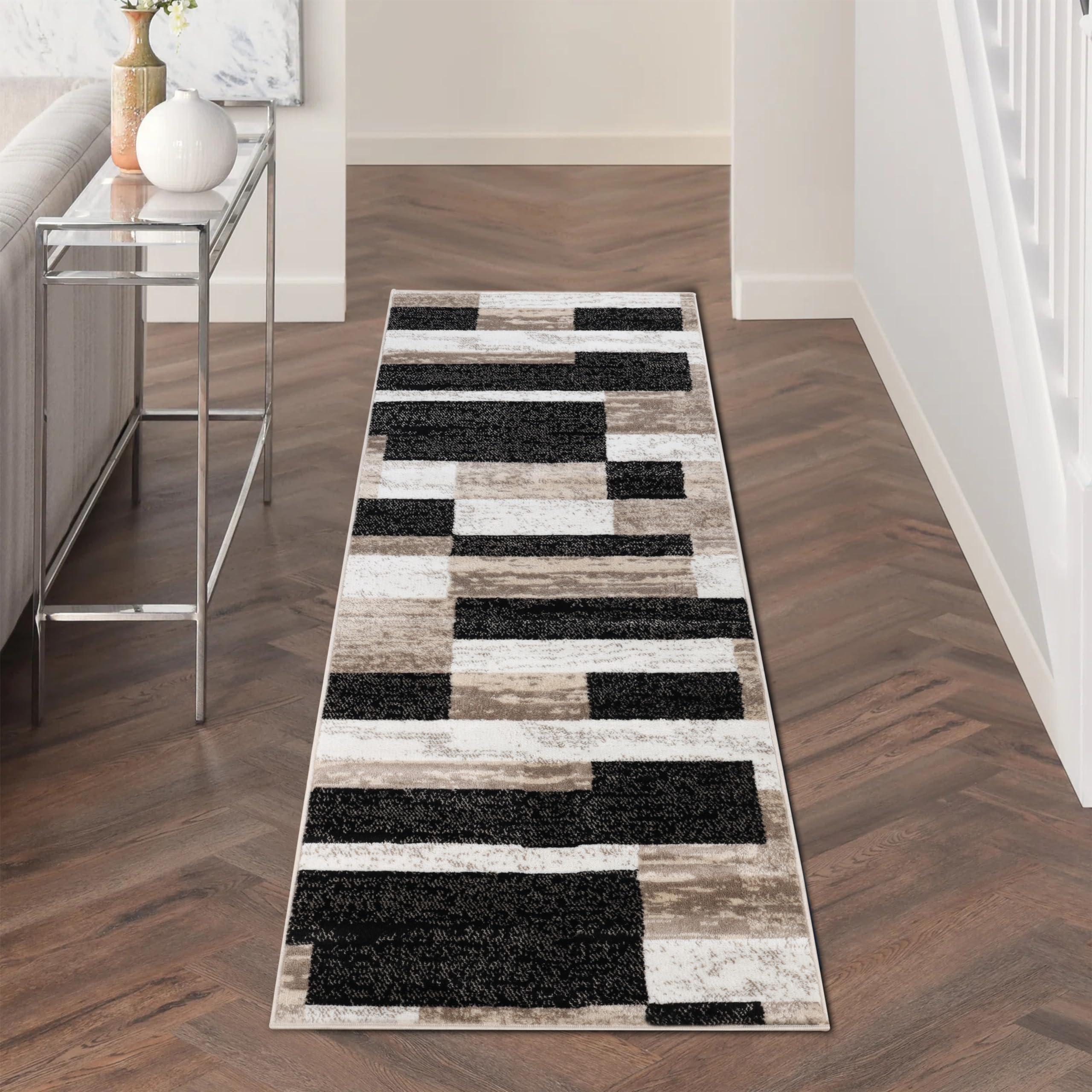 SUPERIOR Indoor Area Rug, Jute Backed, Modern Geometric Patchwork Floor Decor for Bedroom, Office, Living Room, Entryway, Hardwood Floors, Rockwood Collection, 4' x 6', Chocolate