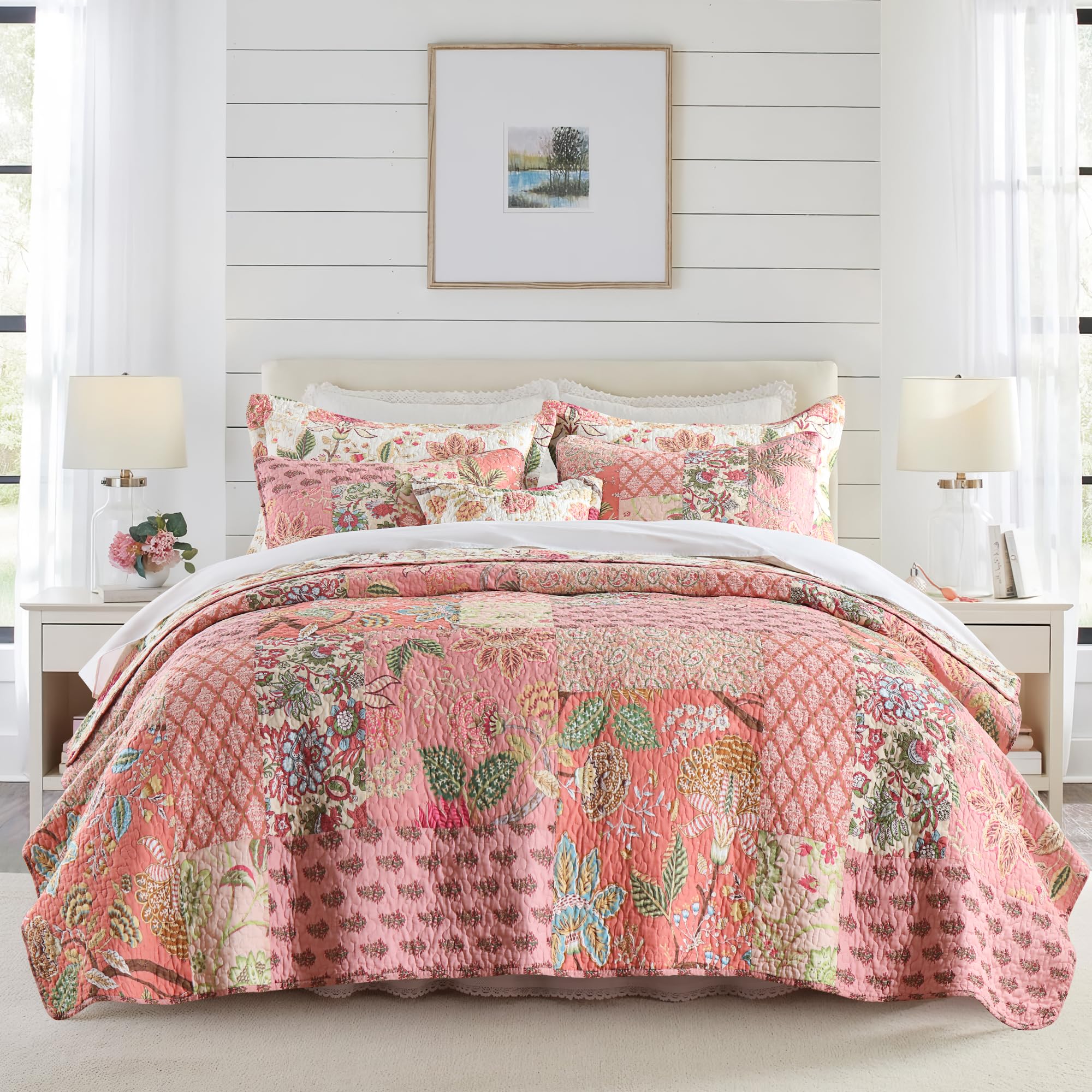 NEWLAKE Quilt Set Queen Size, 100% Cotton Patchwork Green Bohemian Quilt Sets, Reversible Bedspread Lightweight and Breathable for All Seasons, Soft Quilted Bedspread with 2 Pillow Shams