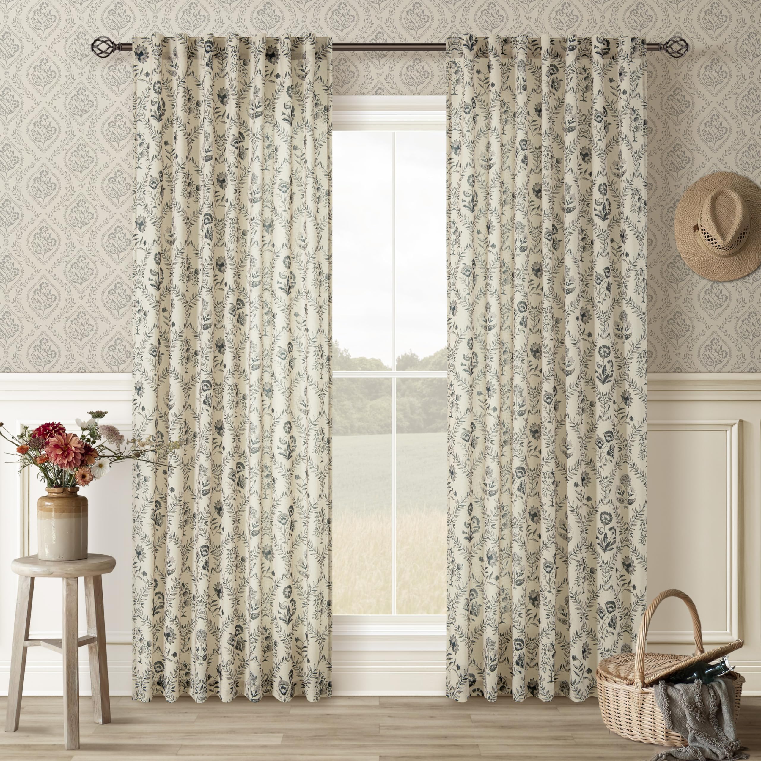 TWOPANELS Spring Farmhouse Floral Linen Curtains 84 Inch Length for Living Room Bedroom 2 Panels Semi Sheer Curtains Back Tab Tan Brown Patterned Flower on Beige Farmhouse Boho Rustic Window Drapes