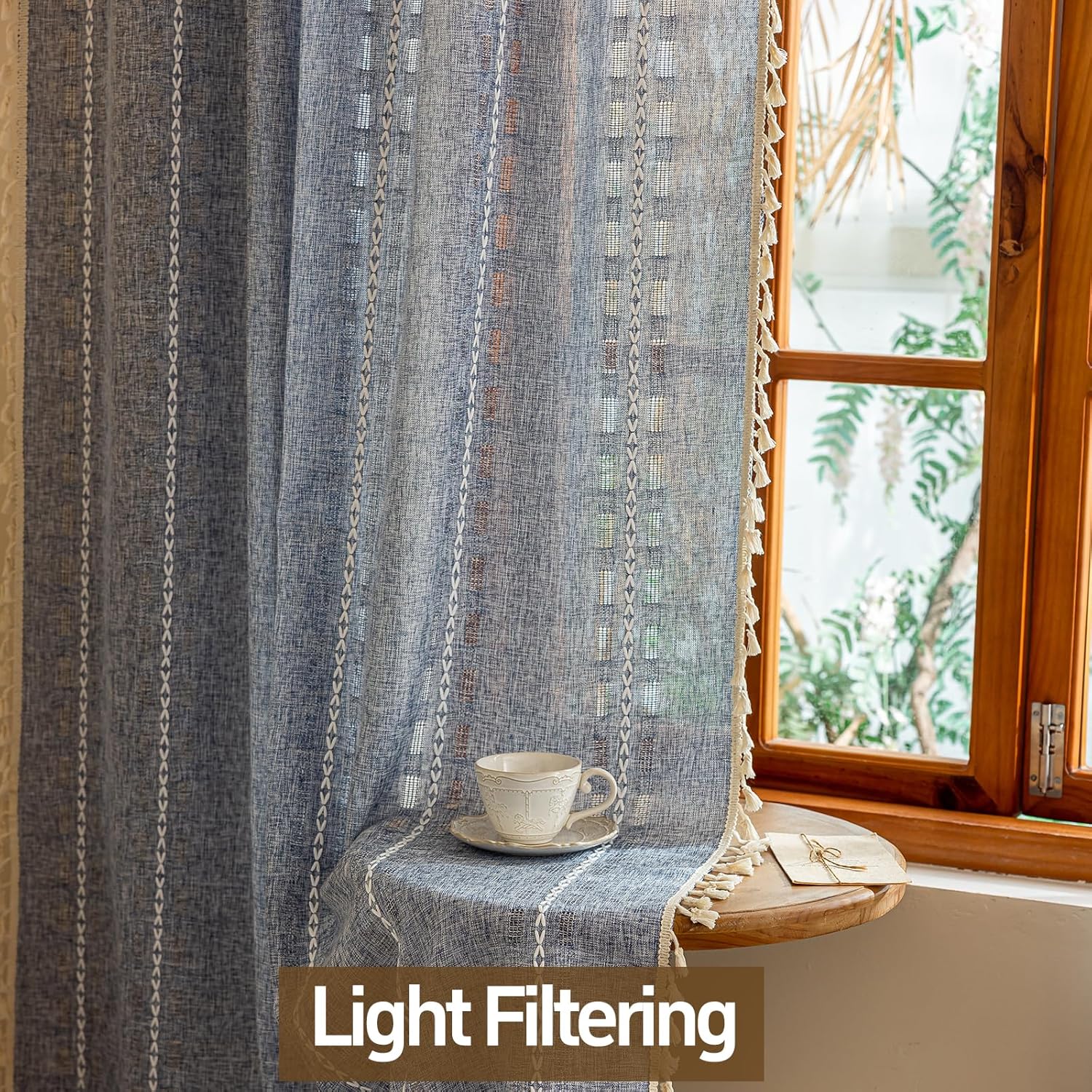 Blue Boho Sheer Curtains 72 inches Long 2 Panels for Bedroom, Light filtering Semi Sheer Bohemian French Country Privacy Tassels Vintage Chic Embroidery Stripes Window Curtains Back Tab, 50" W