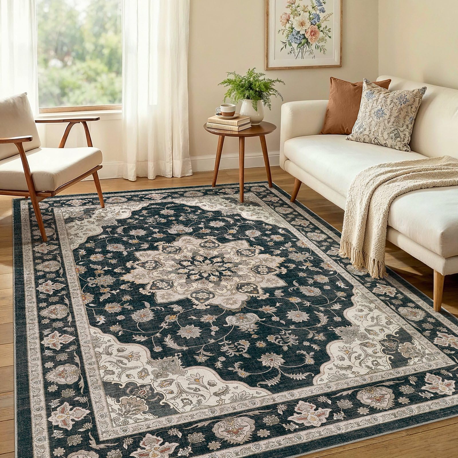 WITSHOCK 10x14 Area Rugs Living Room: Washable Large Neutral Vintage Soft Rug Stain Resistant Non-Slip Farmhouse Indoor Low Pile Floor Carpet for Bedroom Nursery Kids Office- Light Blue