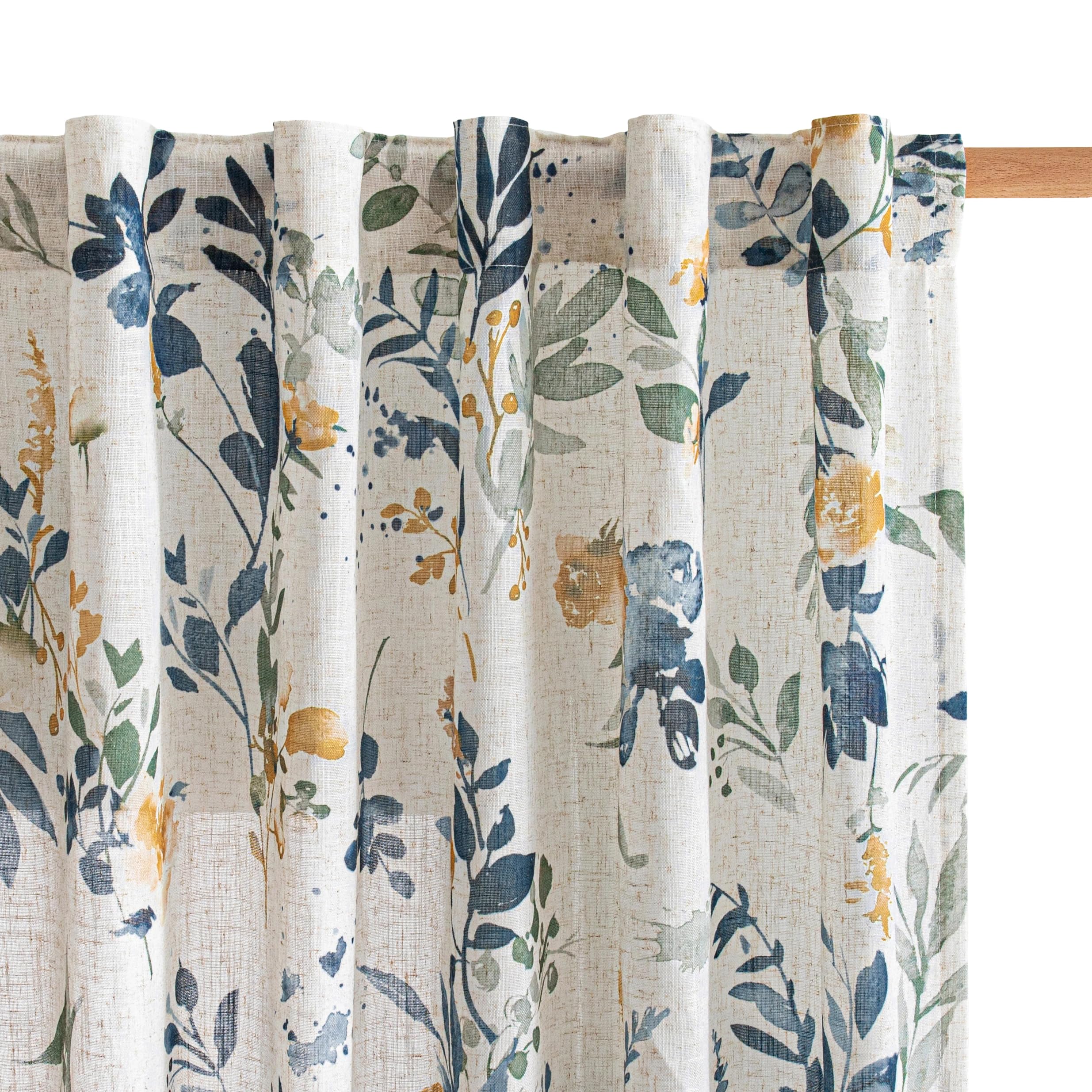 MYSKY HOME Sheer Curtains 84 Inches Long 2 Panels Linen Blended Farmhouse Curtains & Drapes for Living Room Bedroom, Light Filtering Privacy Curtains Floral Printed Classical Home Decor, Navy Blue(2)