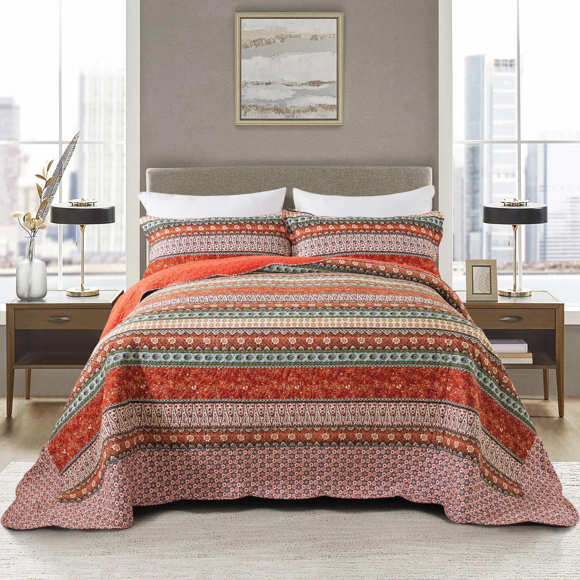 NEWLAKE Quilt Set Queen Size, 100% Cotton Patchwork Green Bohemian Quilt Sets, Reversible Bedspread Lightweight and Breathable for All Seasons, Soft Quilted Bedspread with 2 Pillow Shams