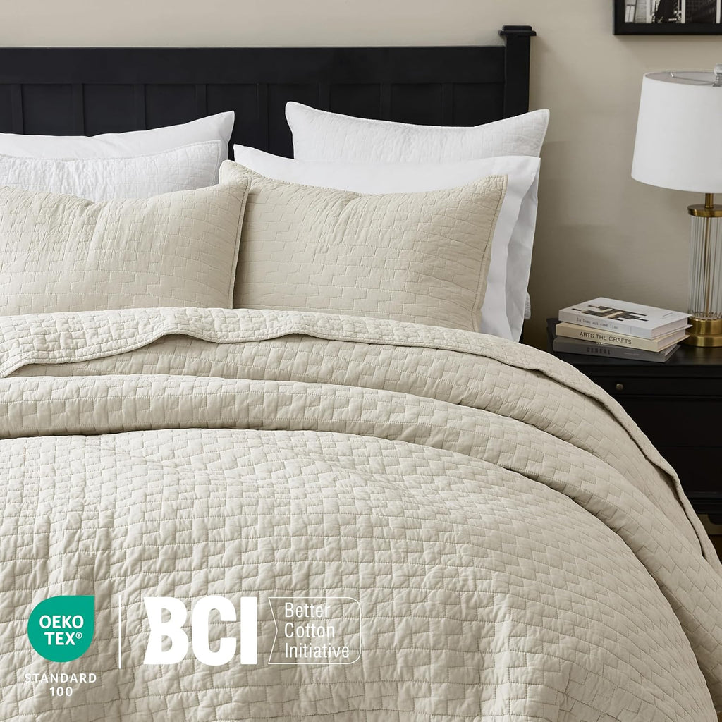 palassio Beige 100% Cotton Quilt Queen Size Bedding Sets with 2 Pillow Shams, Textured Lightweight Soft Bedspread Shabby Chic Coverlet, Neutral Quilted Comforter Bed Cover for All Season, 3 Pieces