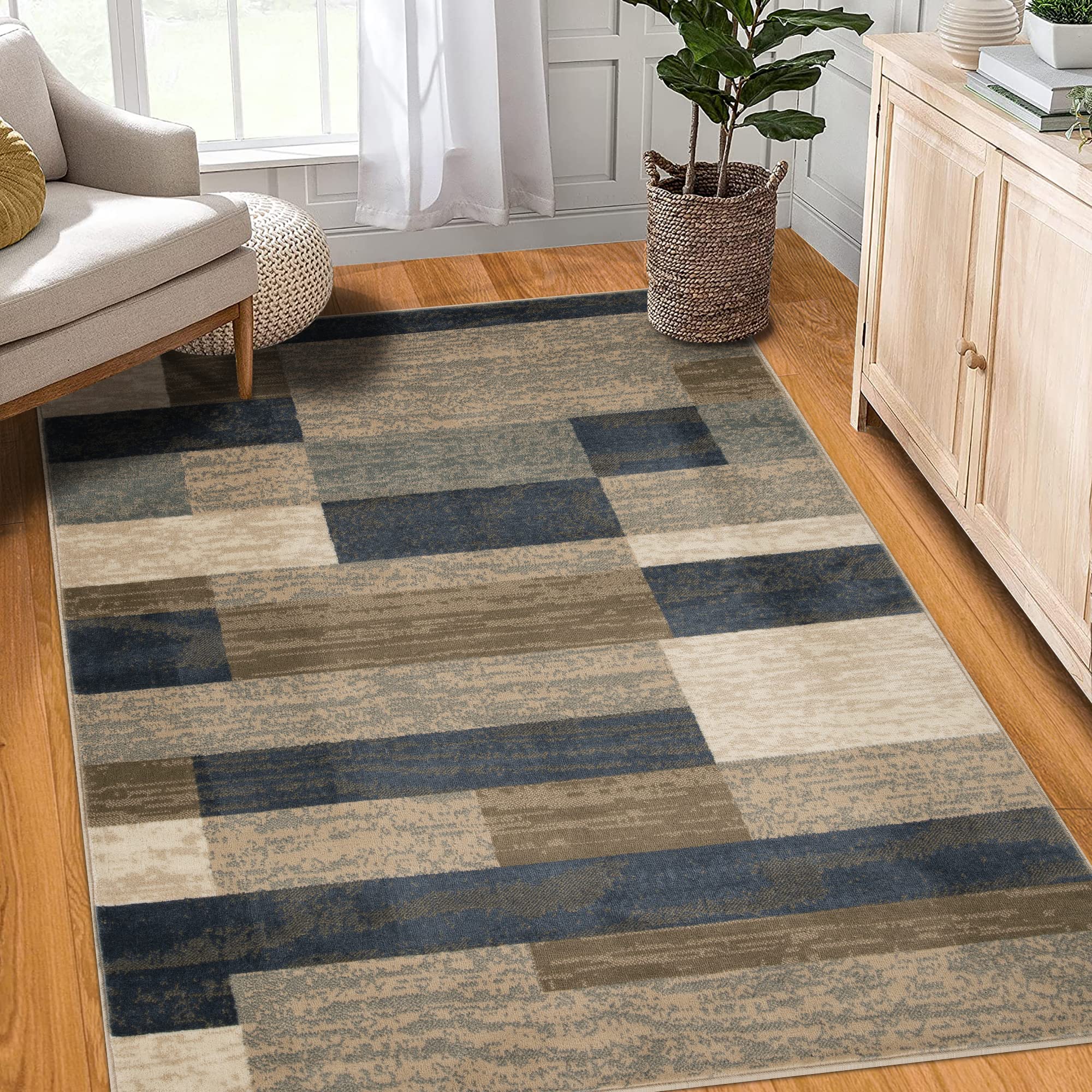 SUPERIOR Indoor Area Rug, Jute Backed, Modern Geometric Patchwork Floor Decor for Bedroom, Office, Living Room, Entryway, Hardwood Floors, Rockwood Collection, 4' x 6', Chocolate