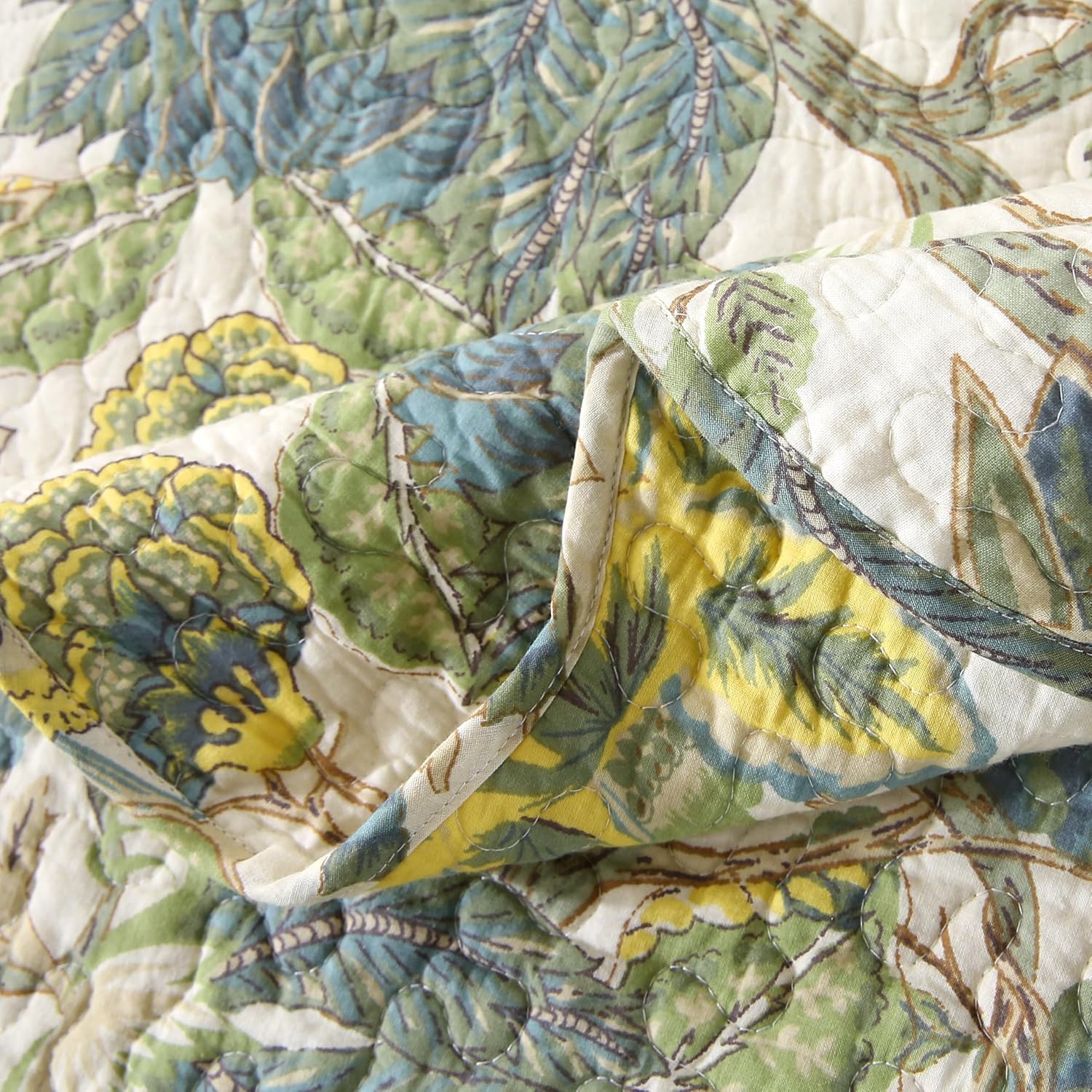 DURLENGEN Forest 100% Cotton Queen Quilt 3Pcs,Bohemian Reversible Leaves & Flowers Pattern on White, Luxury Lightweight Coverlet Sets for All Season(Queen 90x96,Forest)