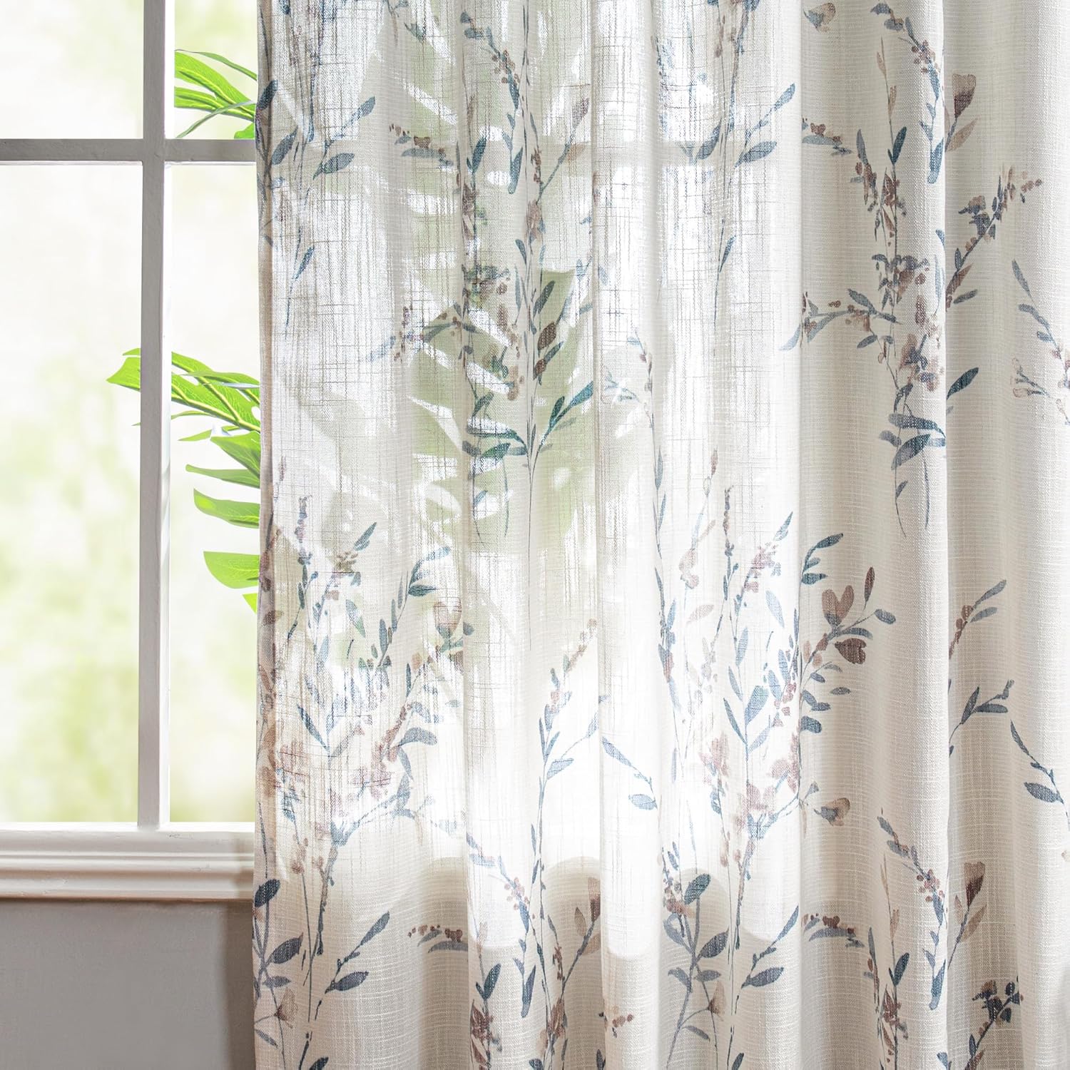 MYSKY HOME Sheer Curtains 84 Inches Long 2 Panels Linen Blended Farmhouse Curtains & Drapes for Living Room Bedroom, Light Filtering Privacy Curtains Floral Printed Classical Home Decor, Navy Blue(2)