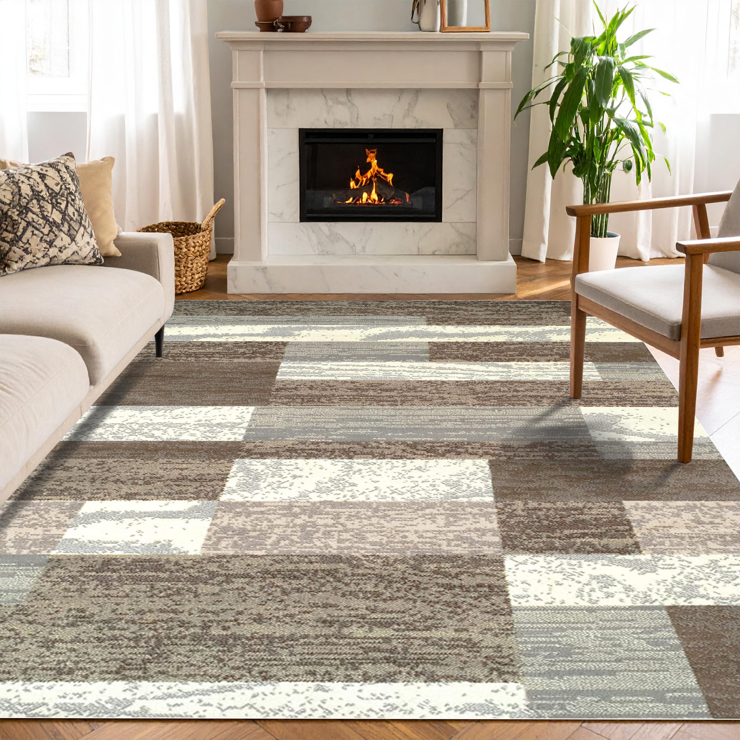 SUPERIOR Indoor Area Rug, Jute Backed, Modern Geometric Patchwork Floor Decor for Bedroom, Office, Living Room, Entryway, Hardwood Floors, Rockwood Collection, 4' x 6', Chocolate