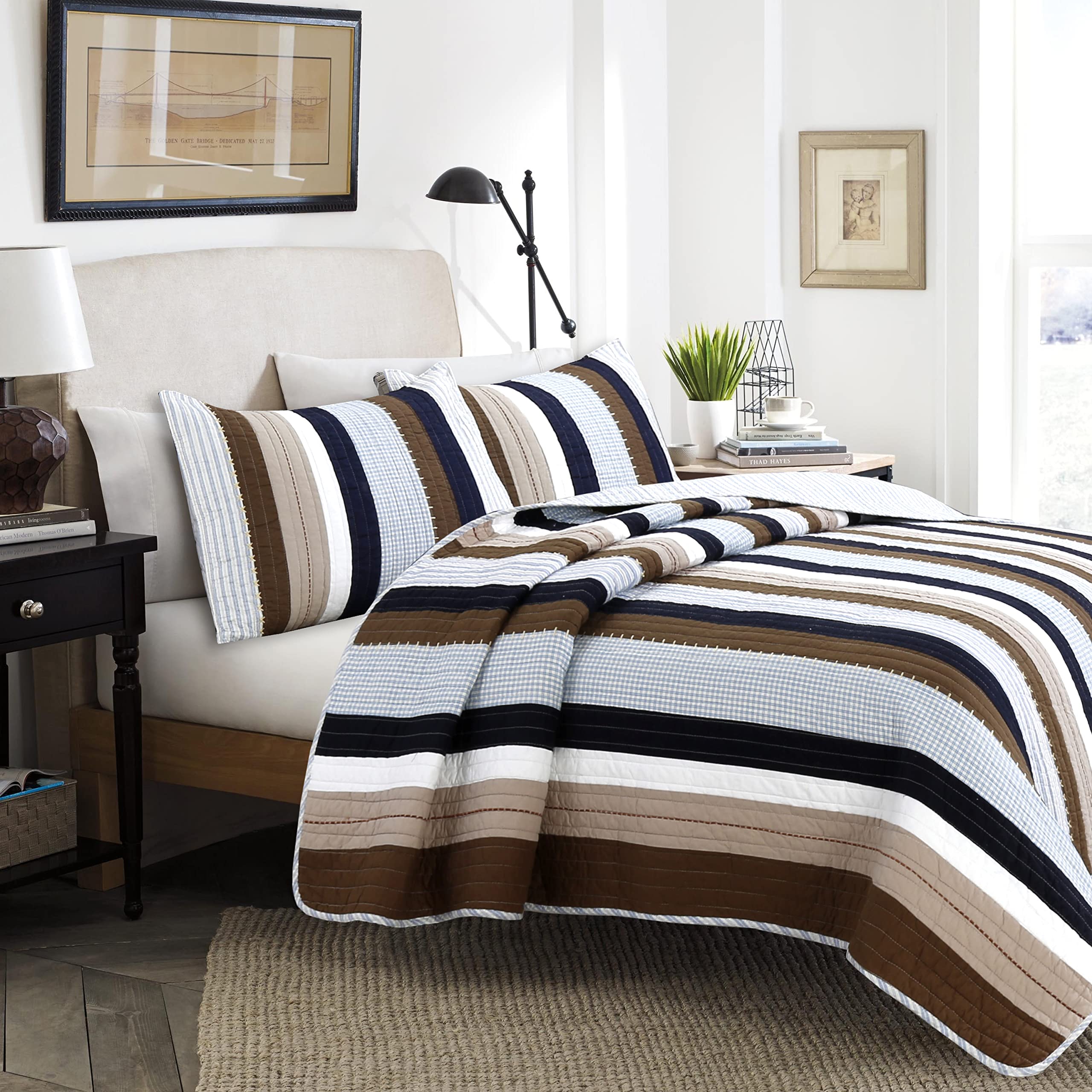 Cozy Line Home Fashions 100% Cotton Reversible Quilt Bedding Set, Classic Taupe Tan Striped Patchwork All-Season Coverlet Bedspread (Winter Plains, Queen-3 Piece)