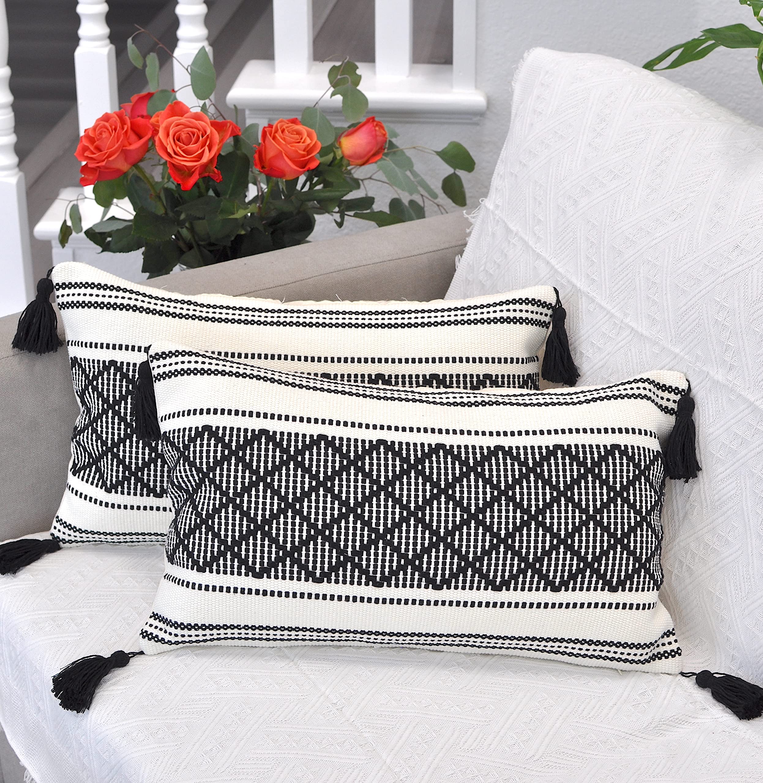 Boho Throw Pillow Covers with Tassels Navy Blue 16x16 inches Set of 2 Checkered Geometric Pattern/Decorative Square Pillow Covers for Couch Sofa Indoor Outdoor/Farmhouse Accent Pillow Cases